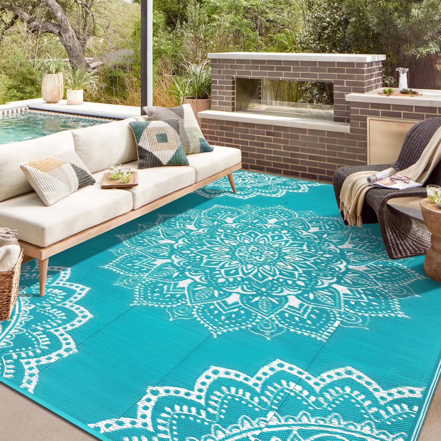 Yamaziot Waterproof Outdoor Rug 8x10 ft, Reversible Plastic