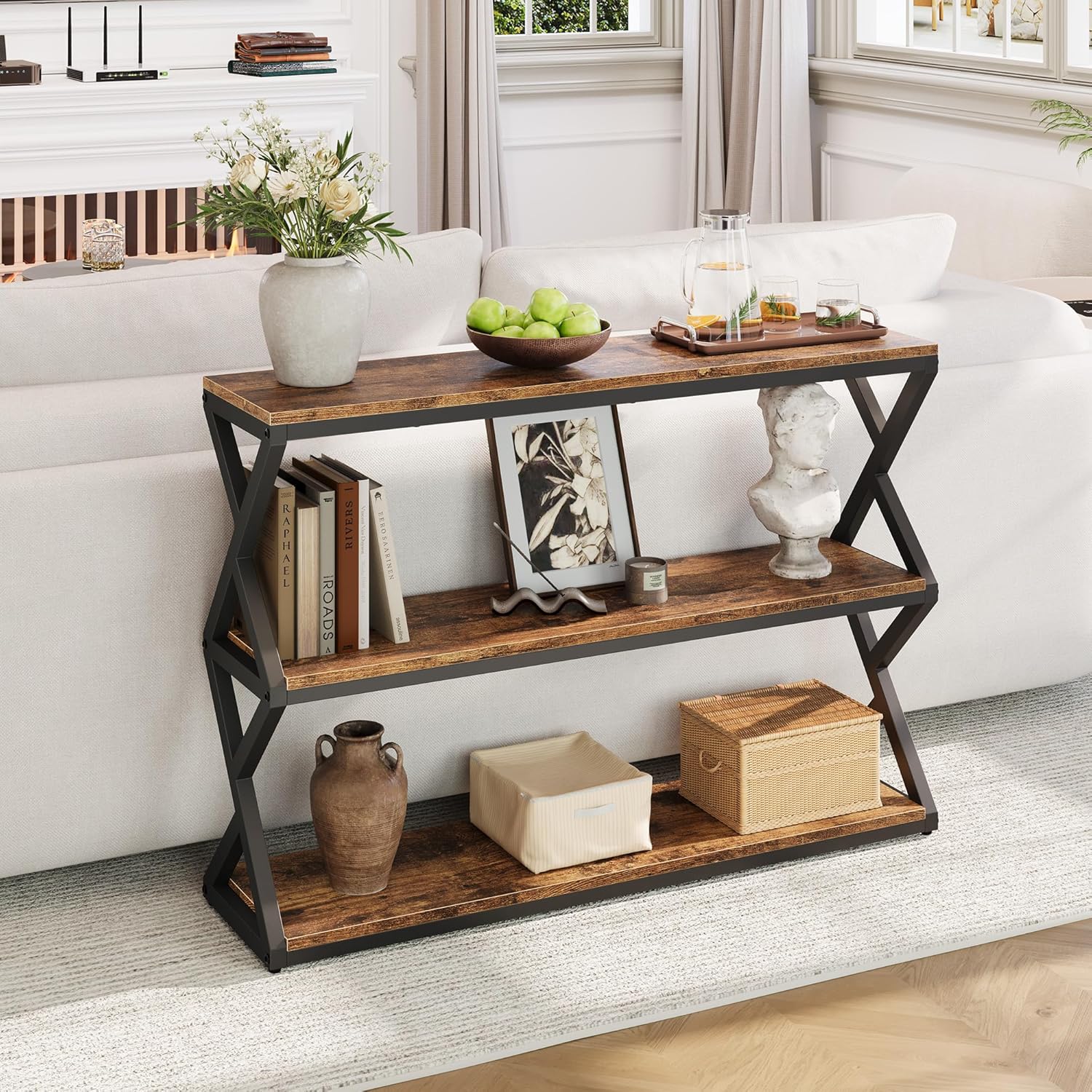 47.2 Inch Rustic Console Table, Industrial Entryway Table with 3-Tier Shelves - Long Hallway Sofa Table, TV Stand & Media Center for Living Room, Vintage Brown