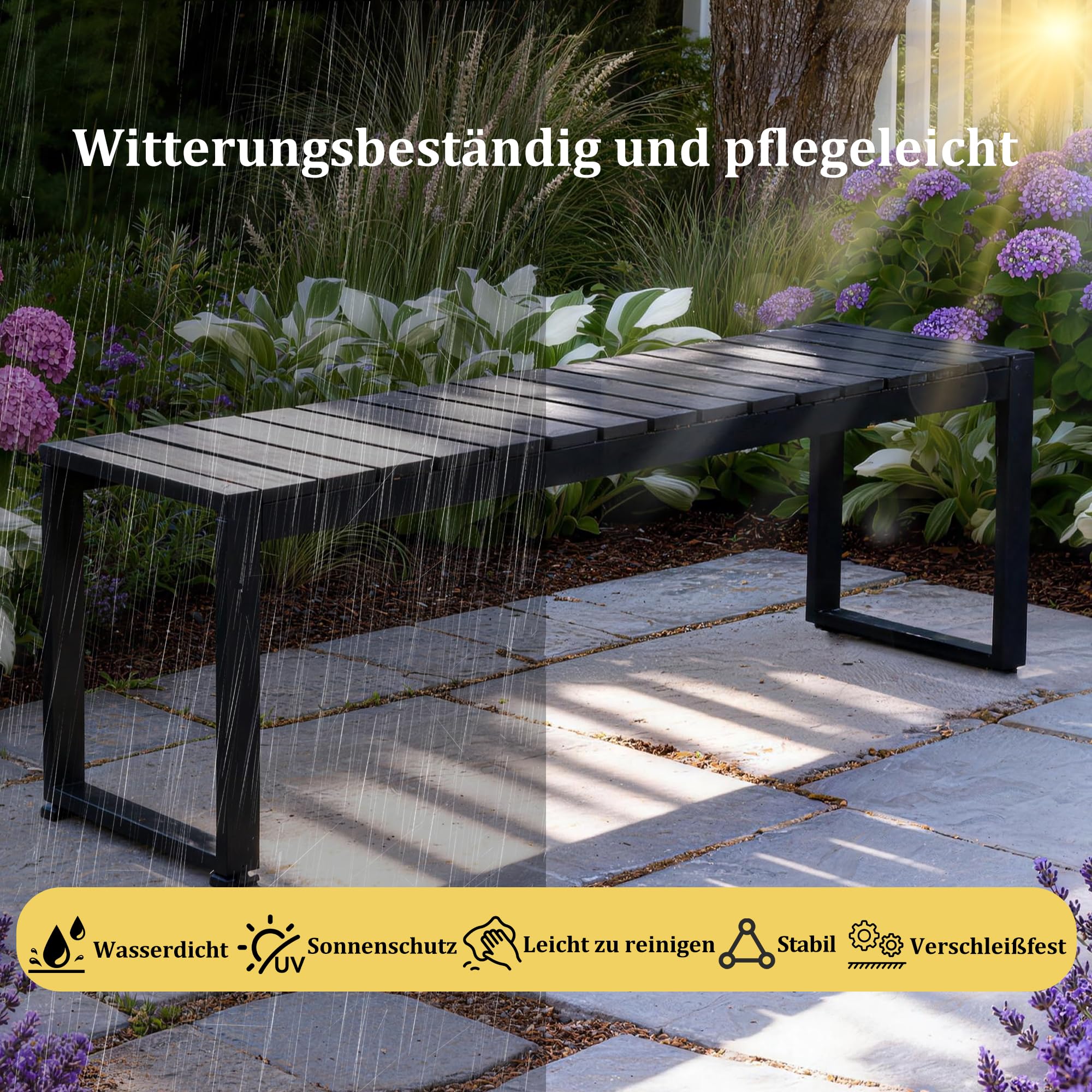 Mingone 2 Sitzer Gartenbank Wetterfest, Schwarz 120 x 40 x 45 cm | Bank Outdoor , Holz & Metall,Für Garten Balkon & Flur, Sitzbank 200 kg Belastbarkeit