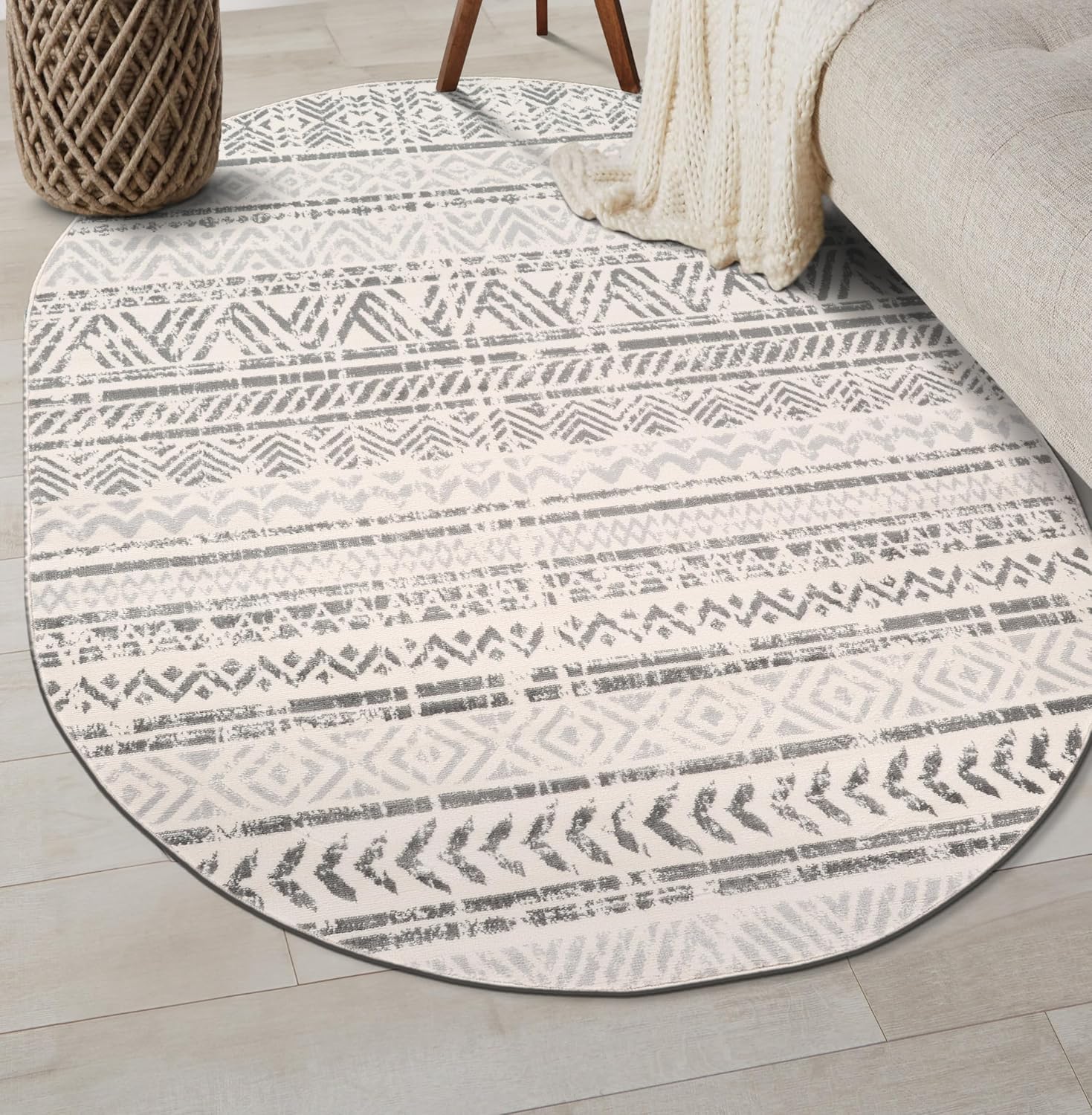 Rugshop Geometric Boho Oval Rug – Gray Tribal Pattern, Perfect for Dining Room, Living Room, 5' x 7' Oval