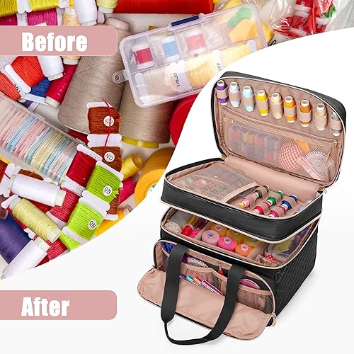 Miniatura 7 de YARWO Organizador de suministros de costura de doble capa con 5 divisores personalizados, bolsa de almacenamiento portátil para accesorios de