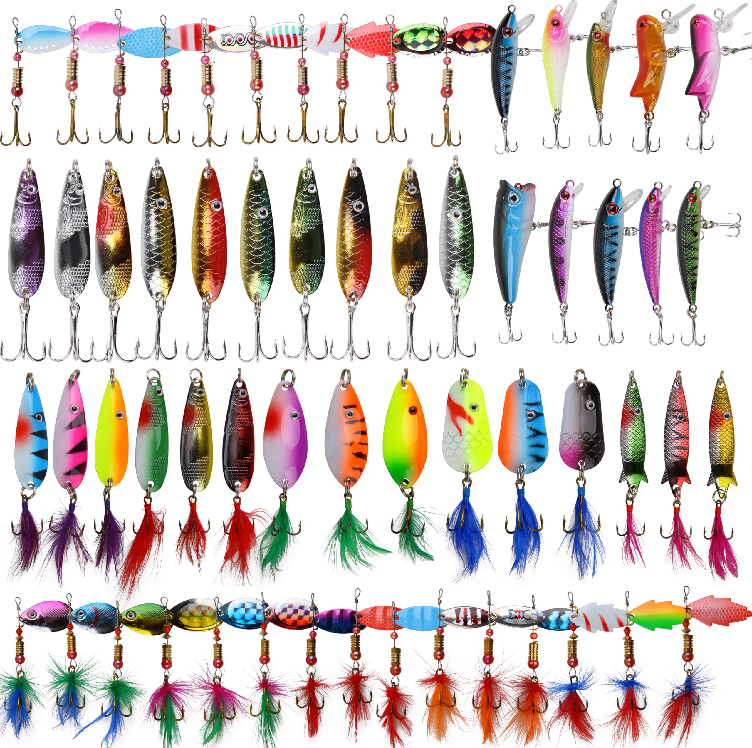 Spinnerbait Fishing Lures Kit Trout Spinner Metal Spoon Lures Roostertail Fishing Lure with Feathered Treble Hooks Swim Shad Bait Hard Minnow Cranbaits for Bass Walleye Trout