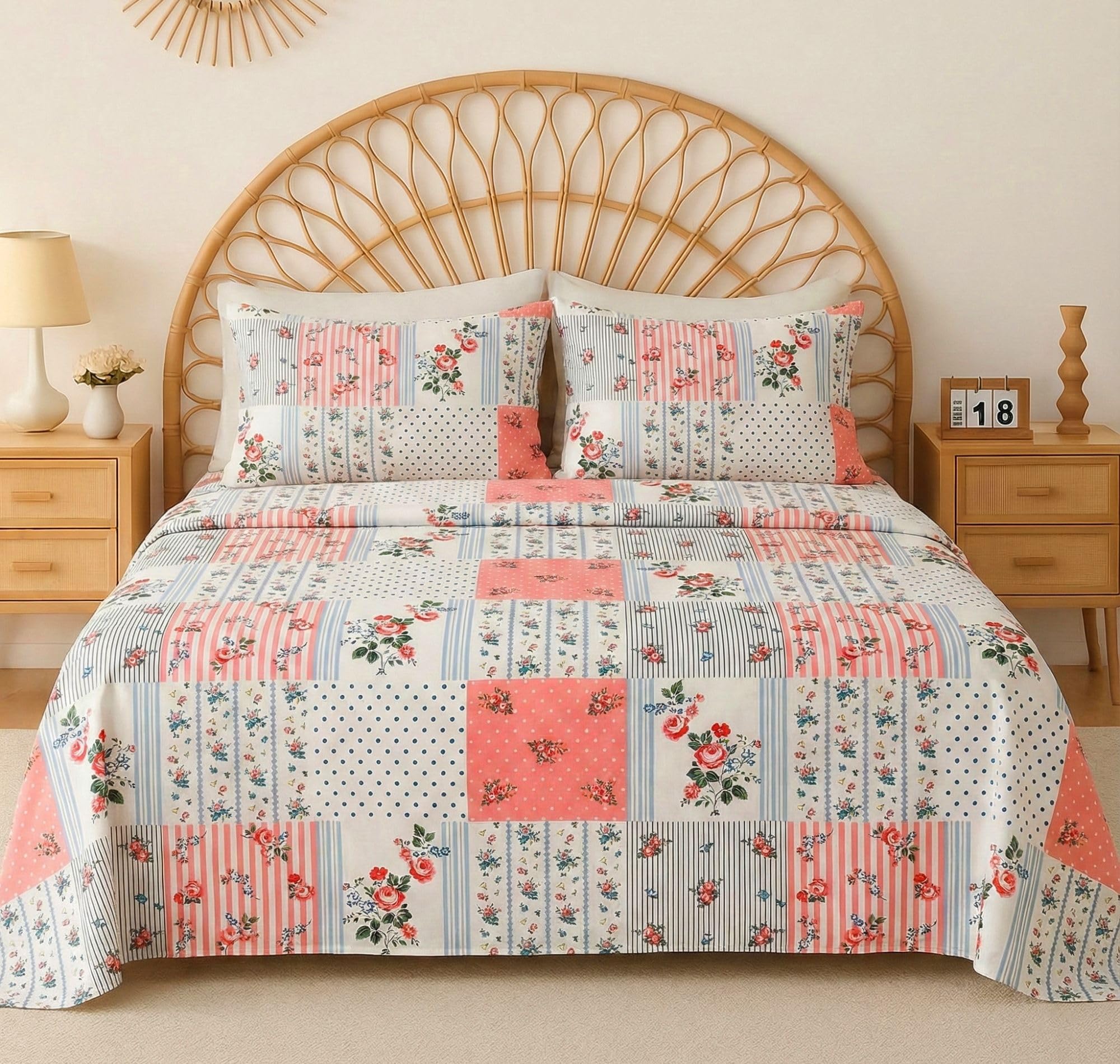 VAS COLLECTIONS Cloud Cotton Double Bedsheet 210 TC | Soft & Breathable Cotton Bedding Set with 2 Pillow Covers | Elegant Floral Printed Bed Sheet for Bedroom & Home | 90x100 Inches (Pastel Patchwork)-image-22