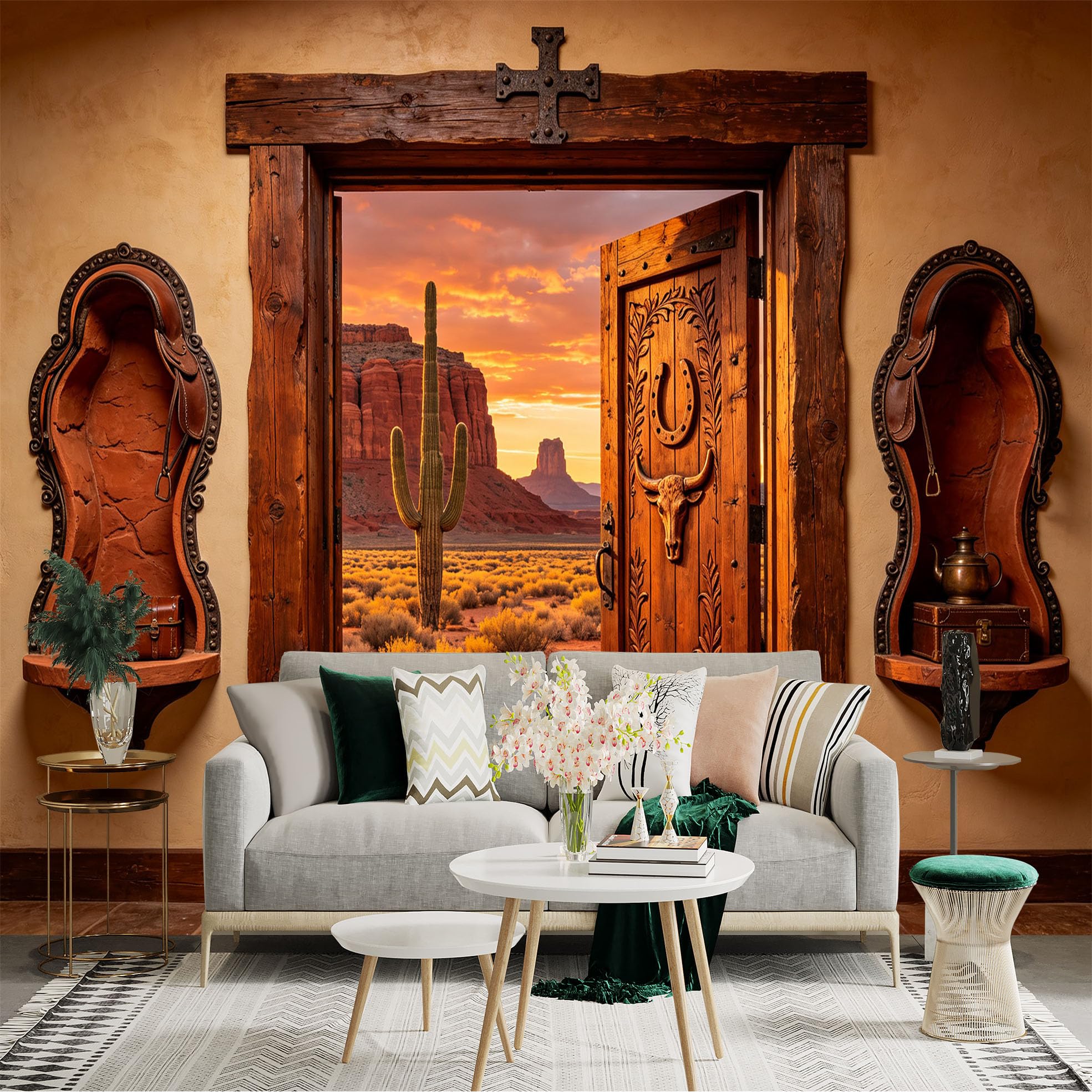 Custom Size Wall Sticker Mural， Desert Canyon Cactus Wooden Door Sunset， for wall Decoration， peelandstick wall Decals.