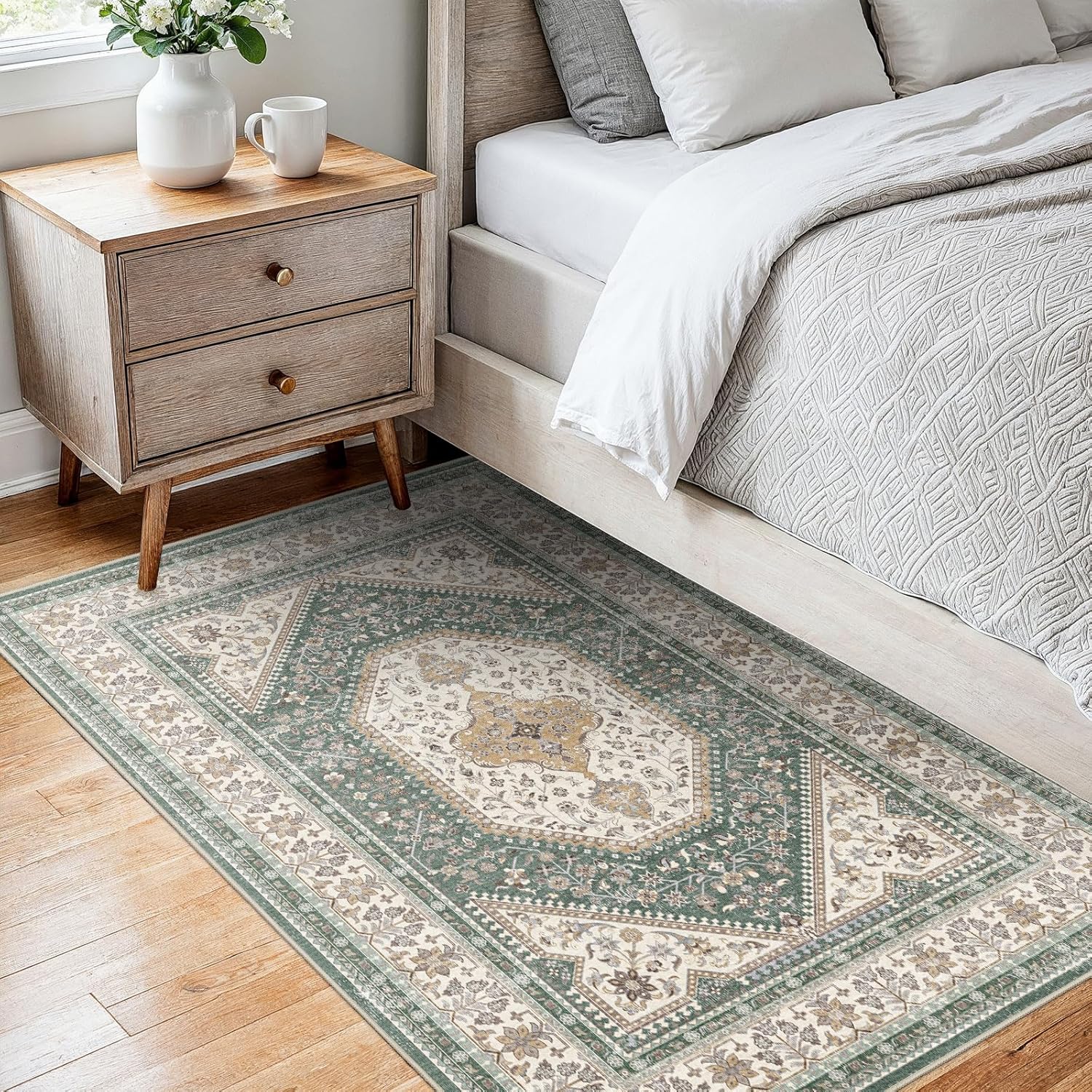 Washable 2x4 Runner Rug for Entryway: Non Slip Kitchen Rugs with Rubber Backing Soft Pet-Friendly Mats Stain Resistant Low Pile Carpet for Hallway Bedroom Bathroom Laundry Home Decor Green/Beige