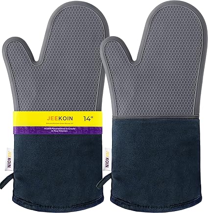 JEEKOIN Silicone Oven Mitts Extra Long, Honeycomb Grip Oven Mitt Heat Resistant 581 Degree, Soft Cotton Lining, Waterproof Non-Slip Oven Mitten Potholders BPA-Free, 14 Inch (Grey)