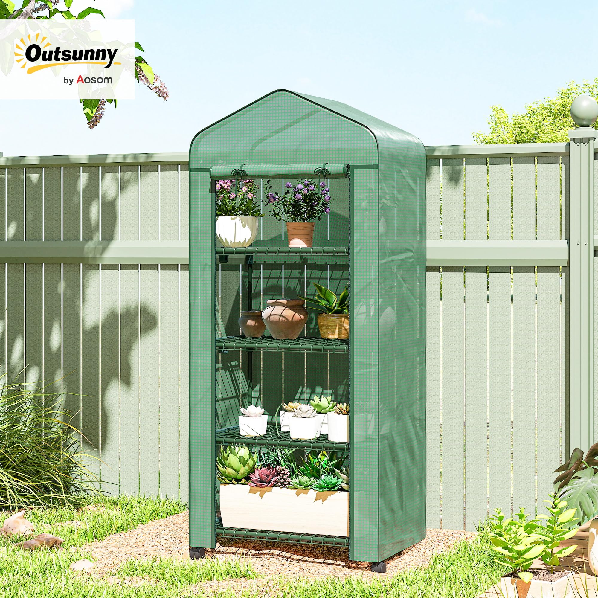 Outsunny Serra da Balcone a 4 Livelli con Porta Avvolgibile e 4 Rotelle, Serra per Orto con Struttura in Acciaio e Copertura in PE per Orto, Verdure, Fiori e Frutta, 69x50x165 cm Verde