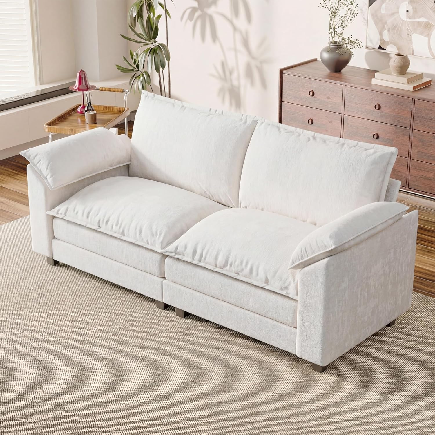 Loveseat 2 Seater Sofa with Double Layer Cushion, Cloud Couch with Deep Seat, Comfy Chenille Sofa Couches for Living Room & Apartment (White, Loveseat Sofa)