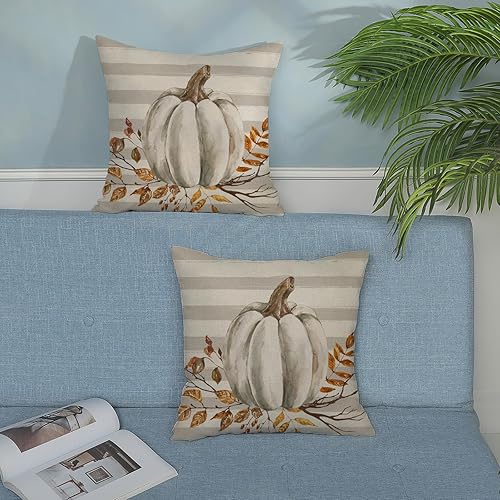 Miniatura 5 de Juego de 2 fundas de almohada de otoño de 18 x 18 pulgadas, decoración de otoño a rayas blancas de calabaza para otoño, Acción de Gracias,