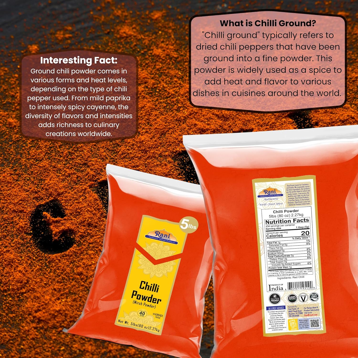 Rani Chilli Powder (Mirchi) Ground Indian Spice 80oz (5lbs) 2.27kg Bulk ~ All Natural | Salt-Free | Vegan | No Colors | Gluten Friendly | NON-GMO | Kosher | Indian Origin