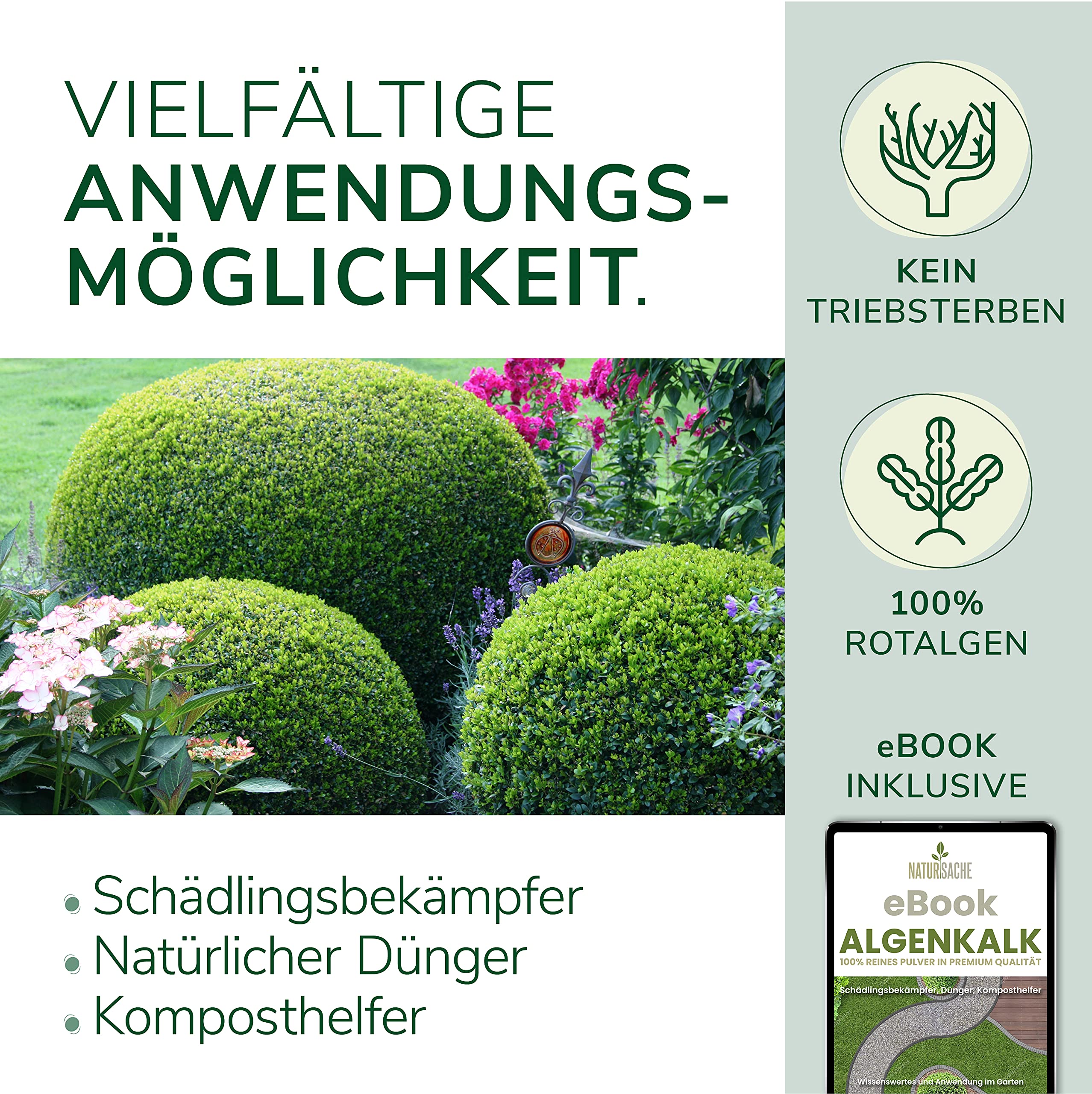 Natursache biologischer Algenkalk aus 100% Rotalge, 5kg I Reguliert Schädlinge auf natürliche Weise I Natur-Dünger für Buchsbäume & andere Pflanzen I Anleitung per E-Book