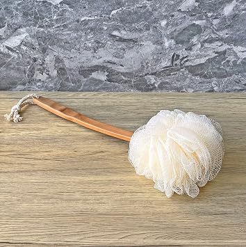 Shower Loofah Body & Back Scrubber - Exfoliating Loofah luffa Bath Brush On a Stick - with Long Wooden Handle Back Brush for Men & Women - Easy Reach Body Wash & Lotion Applicator( 2 Pack- White)