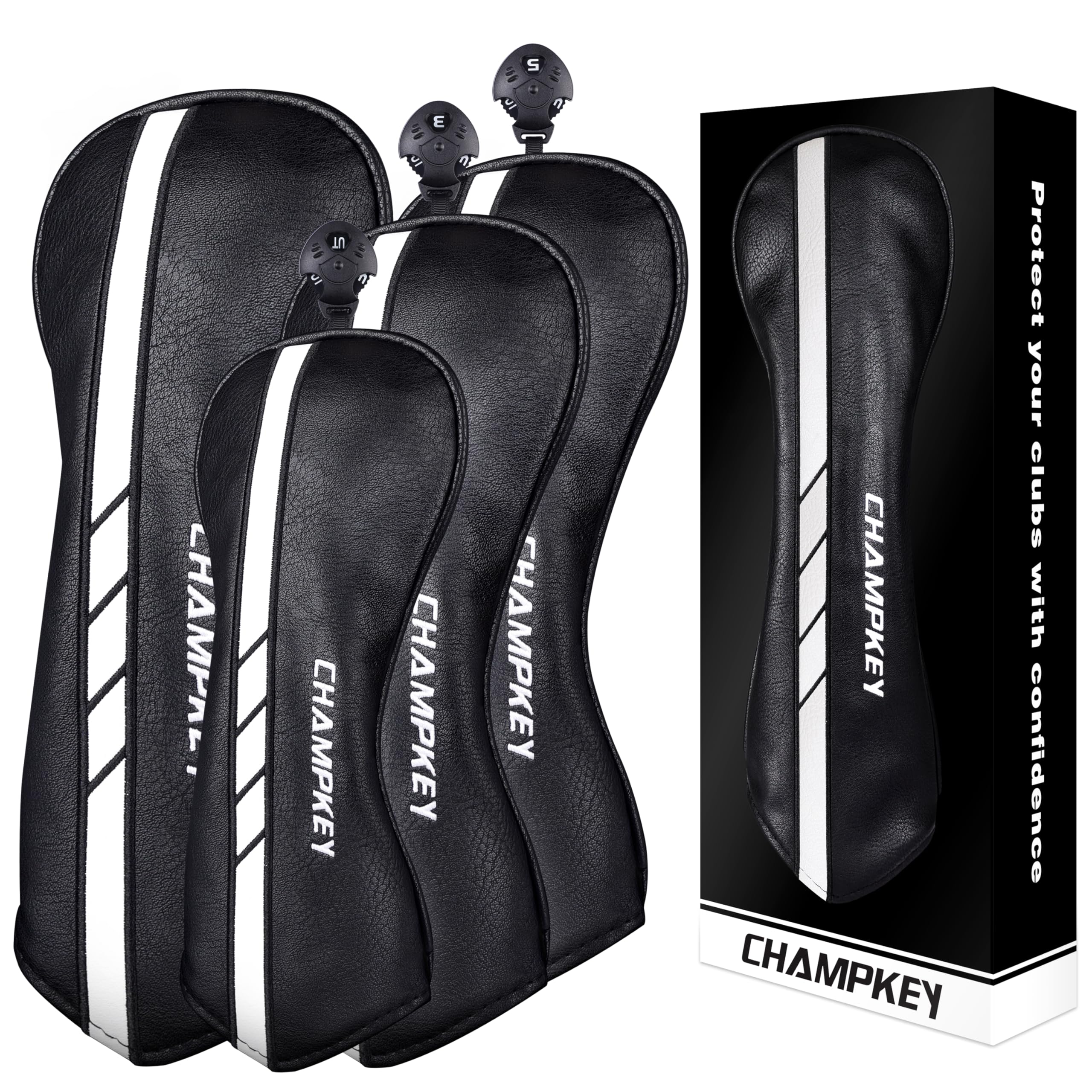 CHAMPKEY Premium Golf Head Covers for Woods & Driver - Advanced Polyurethane Synthetic Leather - Available as Single or Full Set (Black-4 Head Covers (No.1,3,5,X))