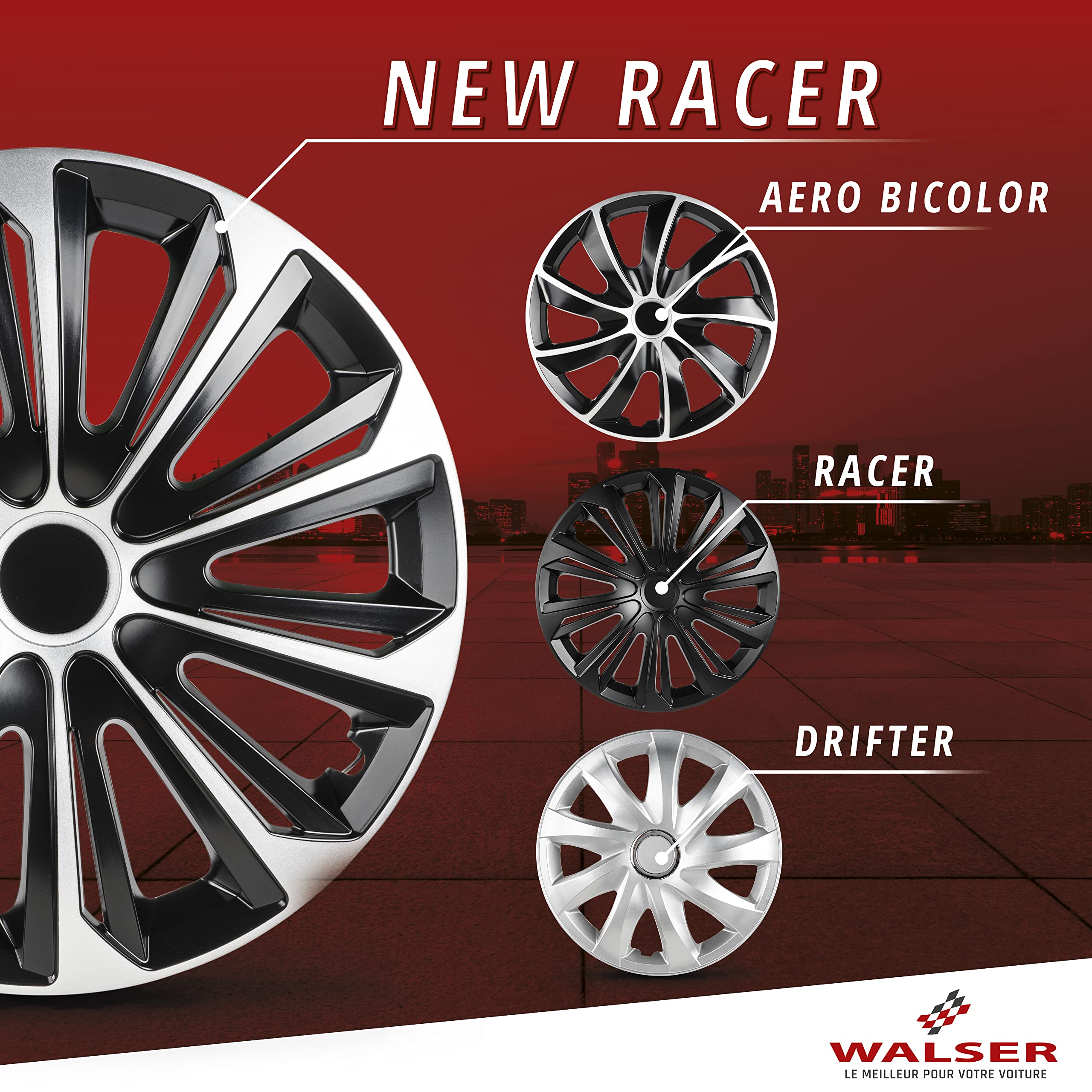 Walser Enjoliveurs de Roues New Racer, Mention Très Bien* Ensemble de Quatre enjoliveurs de Roues pour Jantes en Acier 15" Noir/Argent