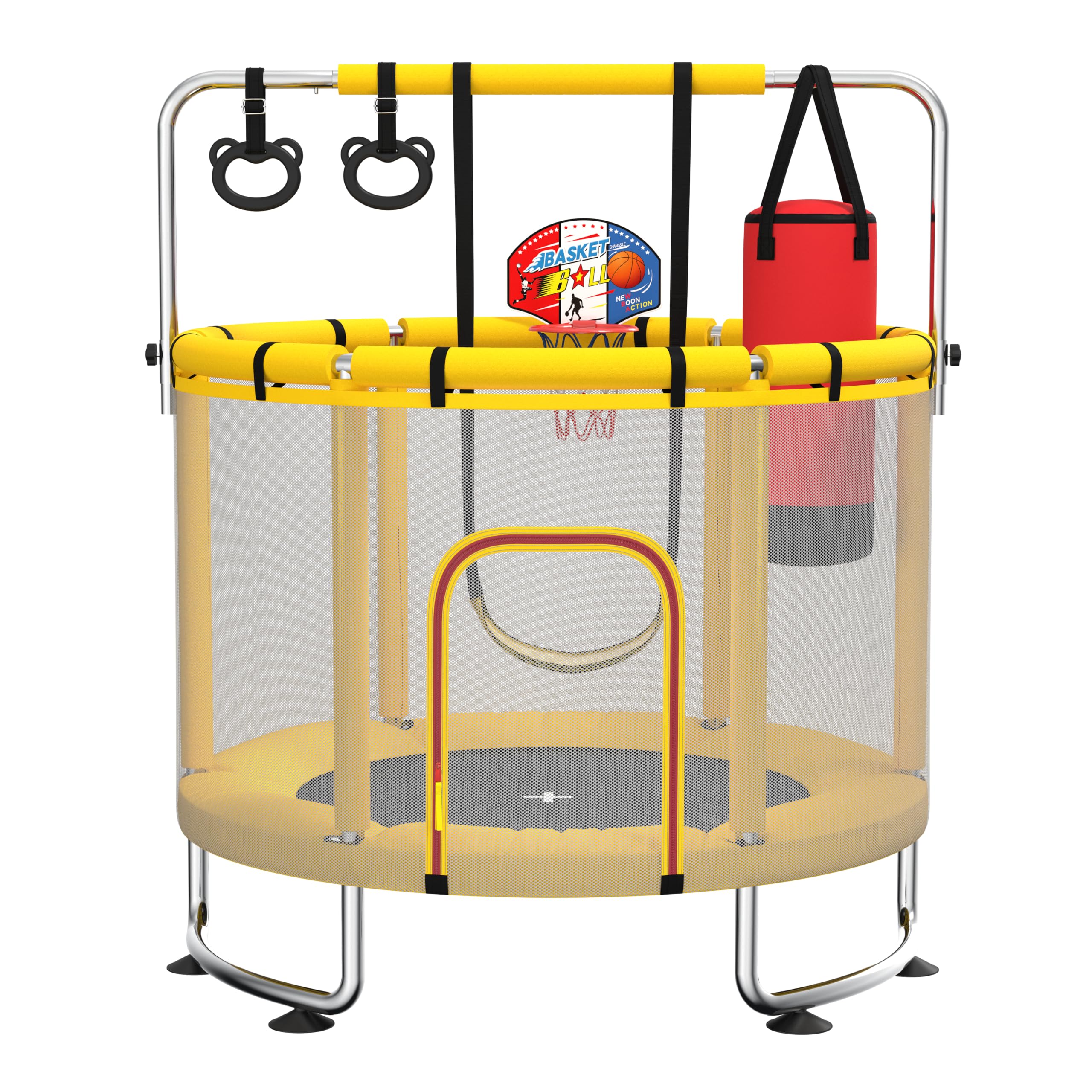 Trampoline pour Enfants 140 cm intérieur/extérieur – Charge maximale 50 kg avec Filet de sécurité, Barre de Gymnastique réglable et Panier de Basket, Cadeau pour garçons et Filles