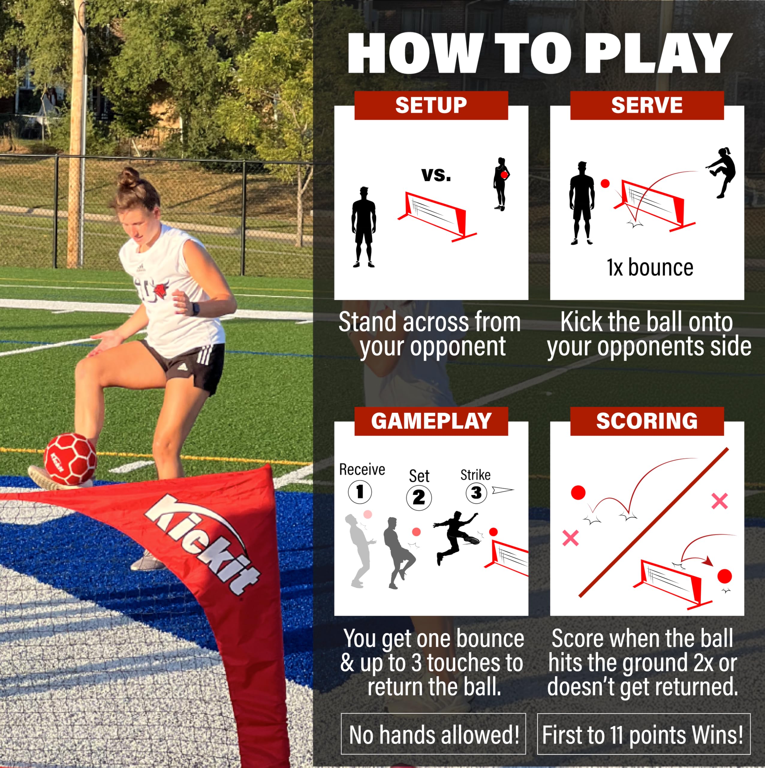 Kickit Soccer Tennis Game Set, Portable 6.5' Wide x 2' High Net & Soft Lightweight Ball, Play Outdoors, Indoors, Backyard, Beach, Complete Skills Training & Travel Friendly, Original