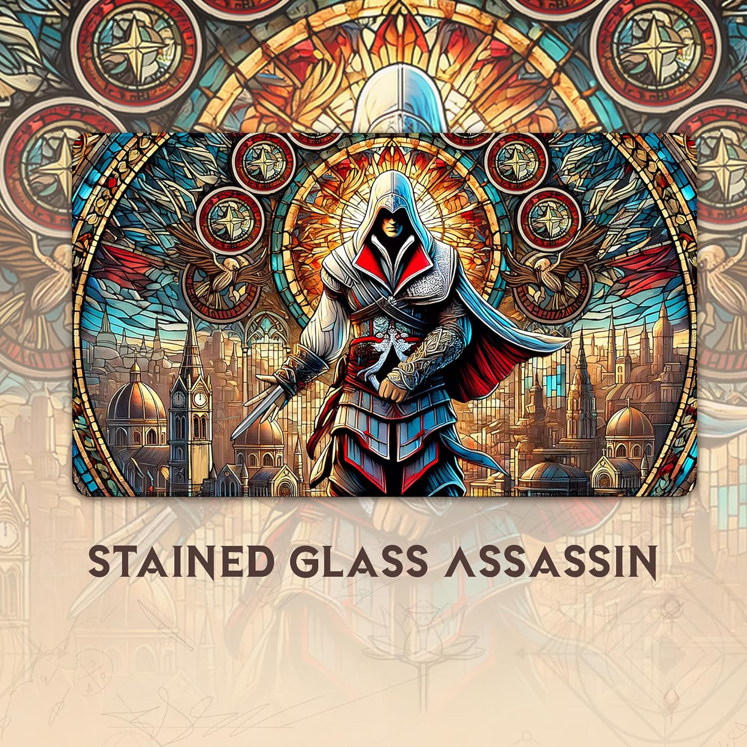 Stained Glass Assassin (Stitched) - MTG Playmat - Compatible with Magic The Gathering Playmat - Play MTG, YuGiOh, TCG - Original Play Mat Art Designs & Accessories