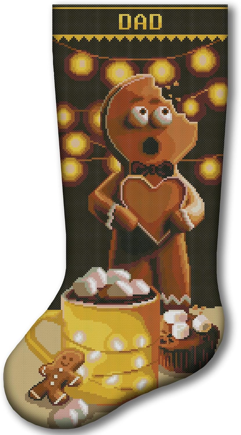 2-in-1 Cross Stitch Kit for Adults, Personalized Christmas Stocking with Custom Name, Stamped & Counted Aida 14, Funny Gingerbread Man Cookie Needlepoint Kit, Easy Holiday Embroidery for Beginner