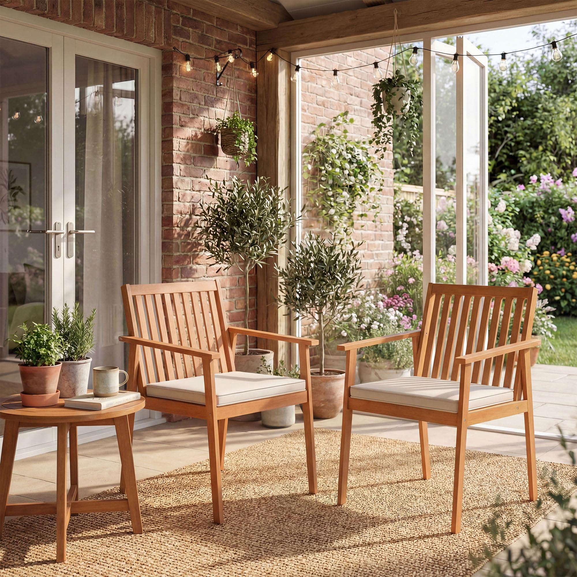 KOMFOTTEU Juego de 2 Sillas de Jardín de Madera de Acacia, Sillones de Comedor con Cojín Extraíble y Reposabrazos, Sillas Terreza Exterior Ergonómicas con Carga 180 kg (Amarillo Teca)
