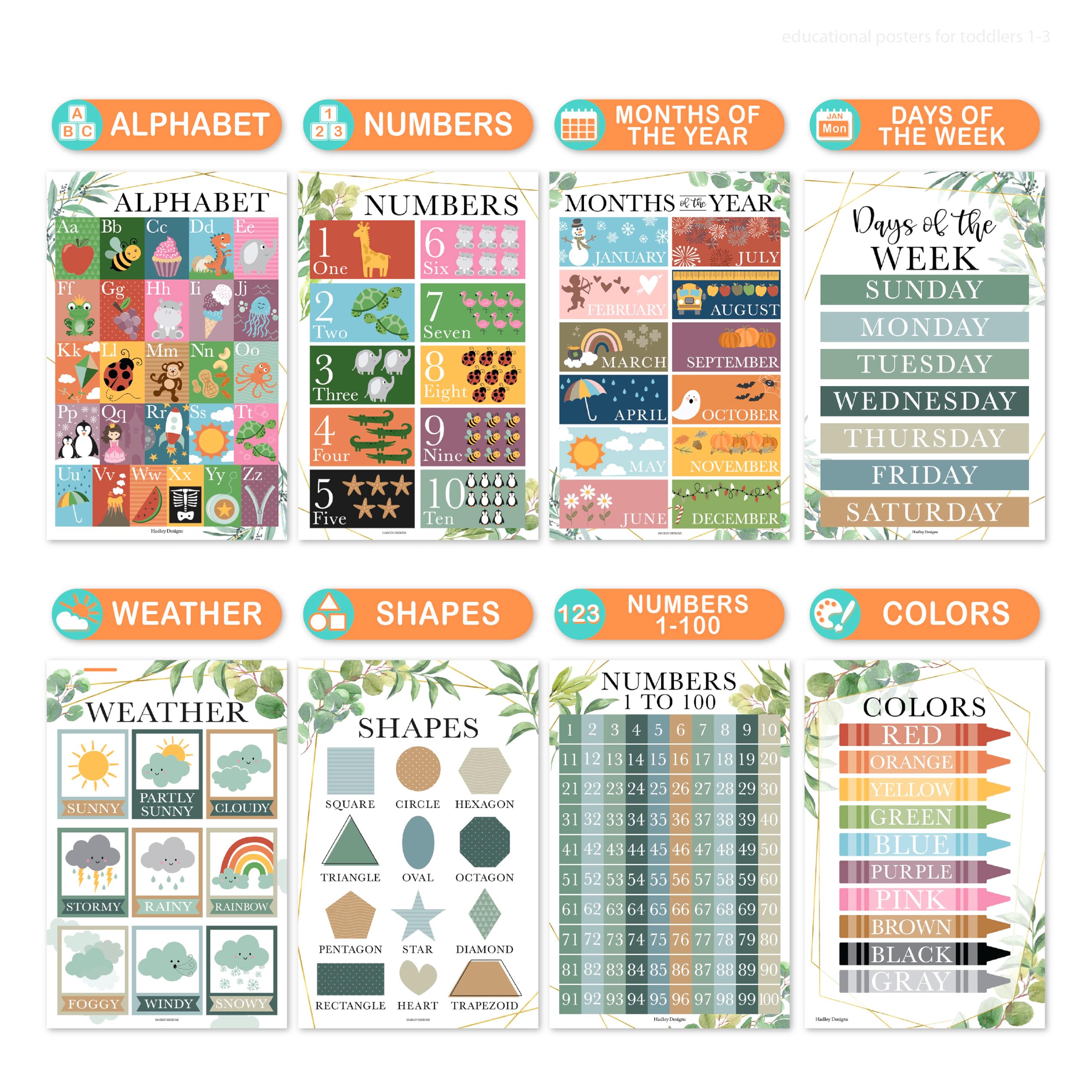 Hadley Designs Lot de 16 affiches murales éducatives de verdure – Apprentissage préscolaire, alphabet, chiffres, formes, géographie, science pour salle de classe, école à domicile