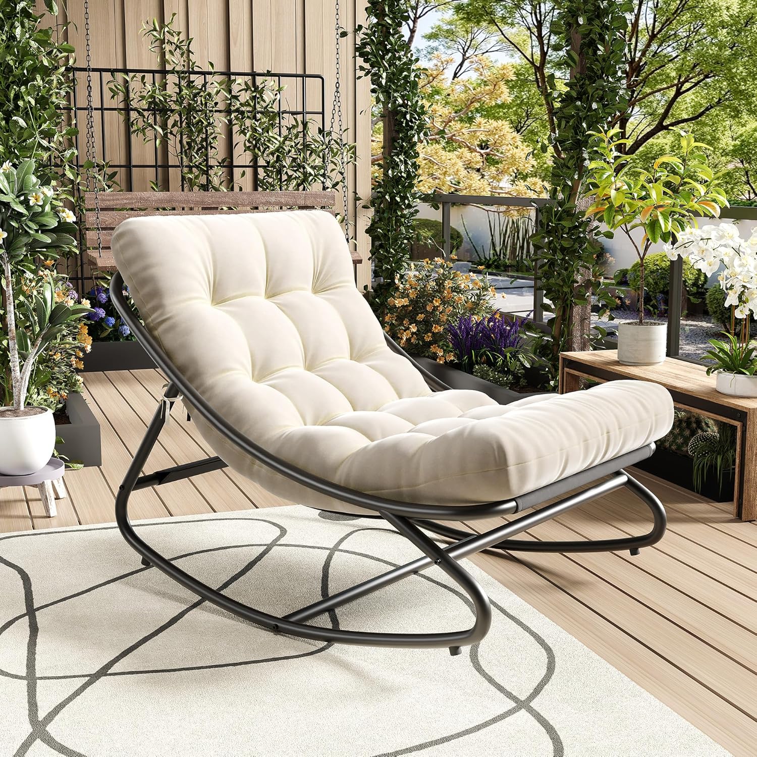 GarveeHome Indoor Outdoor Papasan Rocking Chair, Oversized Papasan Rocking Chair with Thick Cushion, 450 LBs Support, Comfy Rocking Egg Chair for Bedroom, Living Room, Porch, Garden, Patio - White