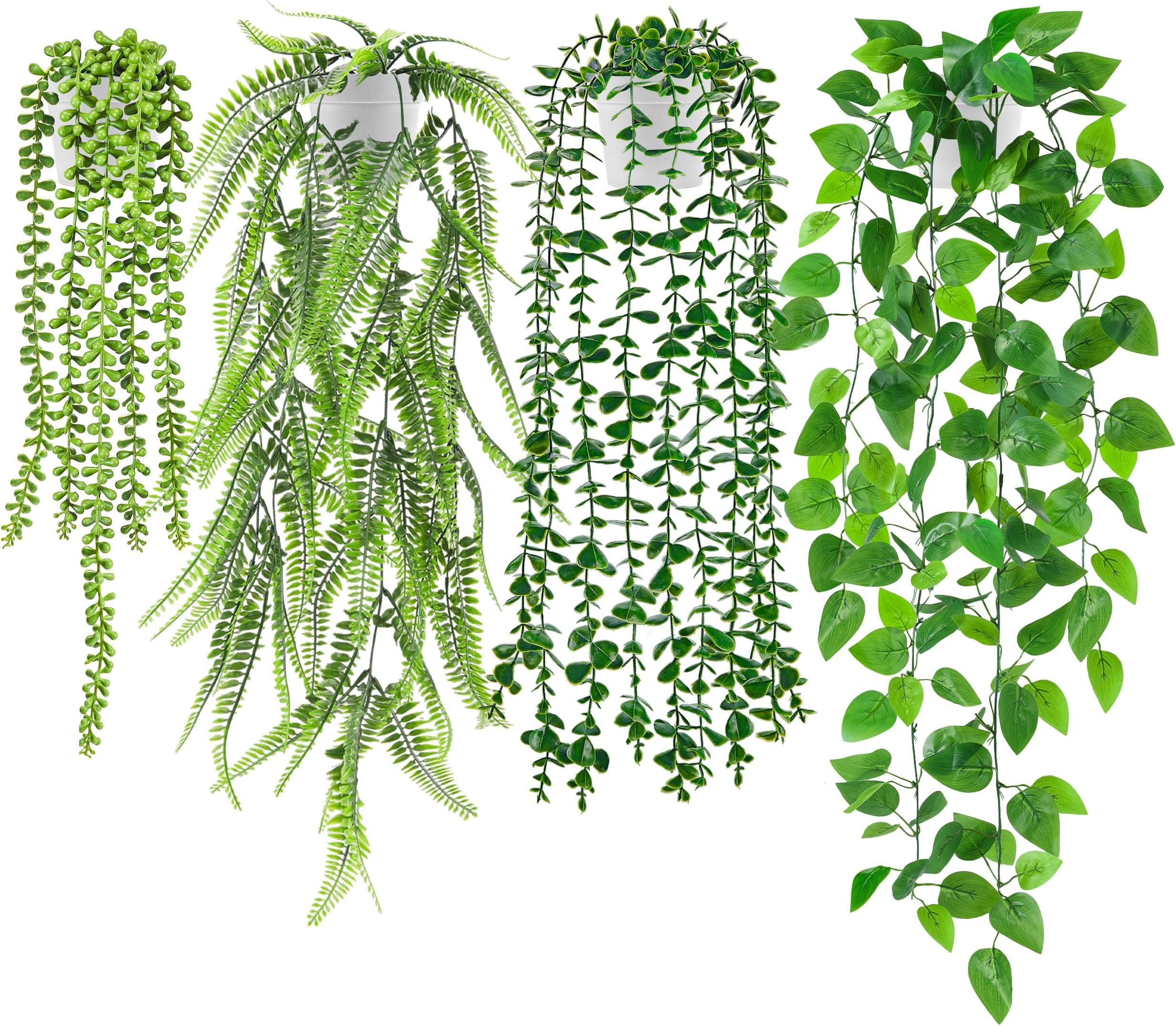 Der Rose 4Pcs Fake Plants Hanging Artificial Ivy Vine Faux Eucalyptus Hanging Plants, Boston Fern, String of Pearls for Living Room Bedroom Boho Wall Shelf Indoor Outdoor Decor (White Pots)
