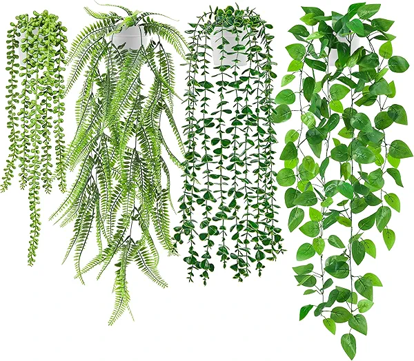 Der Rose 4Pcs Fake Plants Hanging Artificial Ivy Vine Faux Eucalyptus Hanging Plants, Boston Fern, String of Pearls for Living Room Bedroom Boho Wall Shelf Indoor Outdoor Decor (White Pots) 
