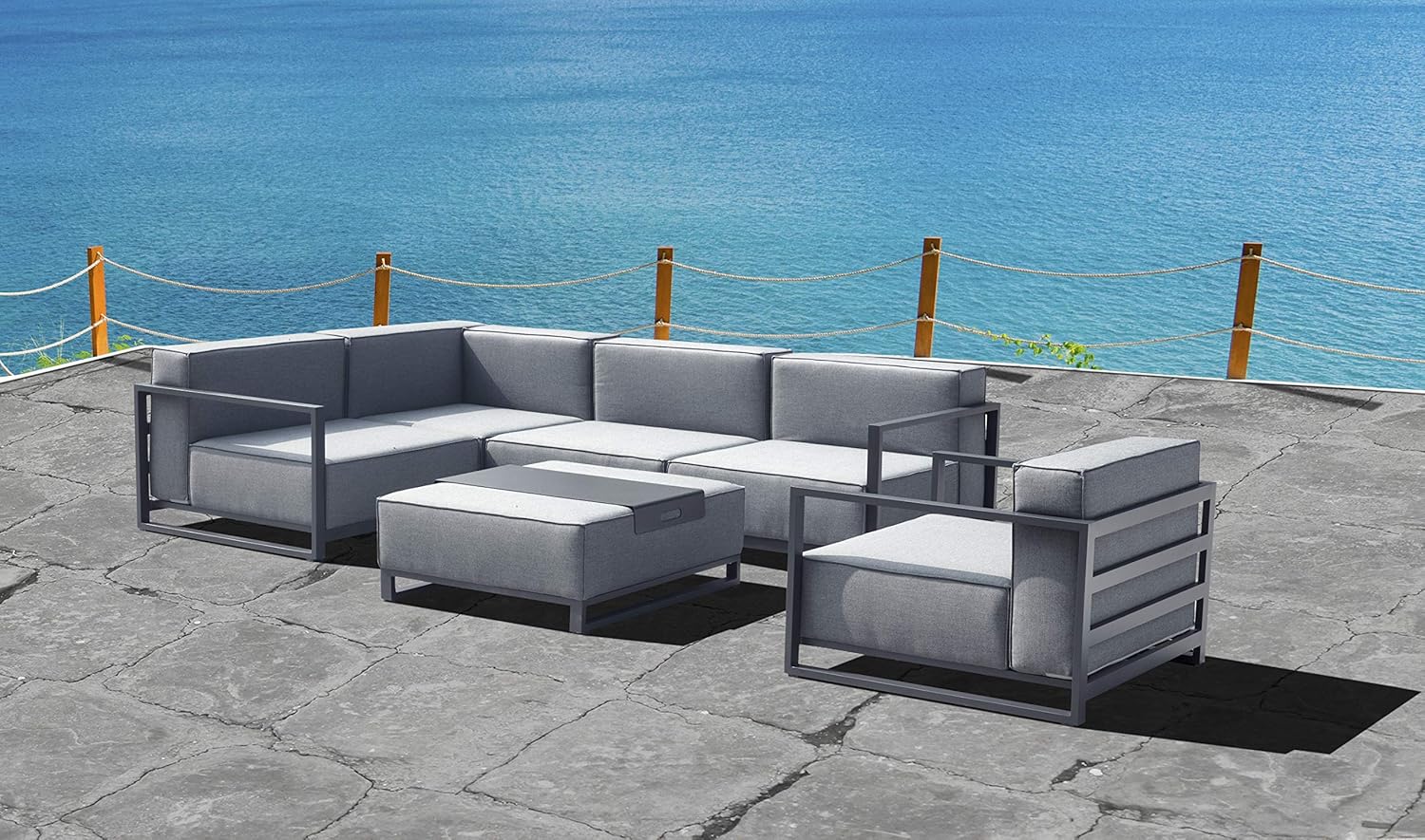 Sensation Indoor/Outdoor Modular in Grey Acrylic Fabric with TPU Coating Aluminum Frame. Include one Decoration Pillow 18"x18" in White. Each Chair Sold Separately