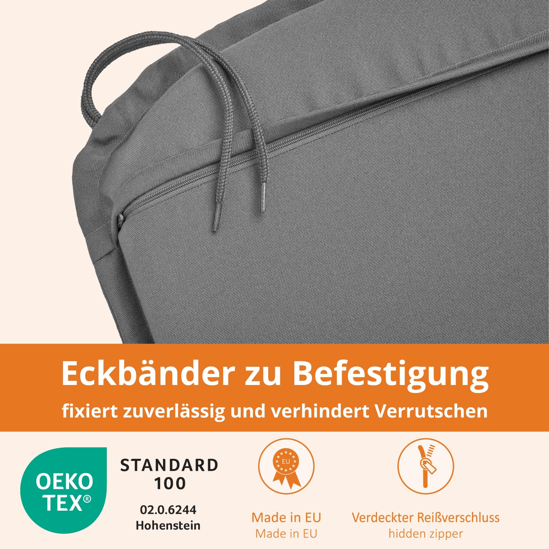 sleepling Sitzkissen Outdoor 4er Set, Stuhlkissen 44x47 cm, Auflage Stuhl, Sitzauflagen Gartenmöbel, Made in EU, Eckbänder, Bezug abnehmbar und waschbar, 6 cm dick, anthrazit grau