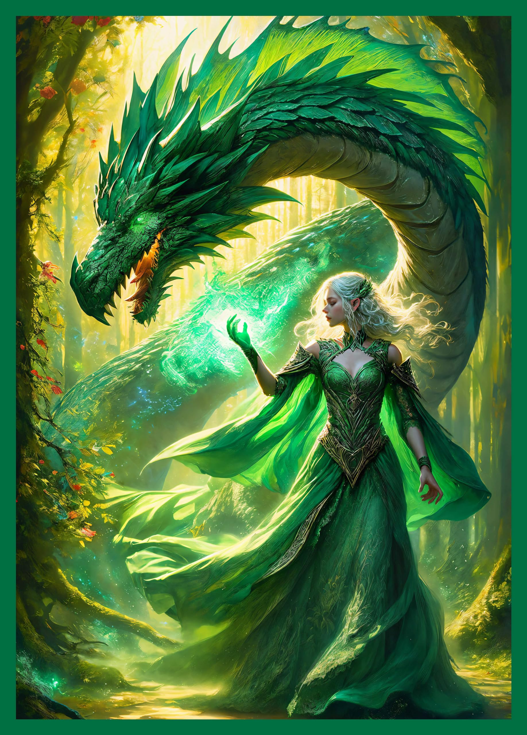 Katomula 100 PCS MTG Card Sleeves with Perfect Fit Inner Sleeves - Art Matte - Standard Size - Spellbinder & Her Verdant Dragon