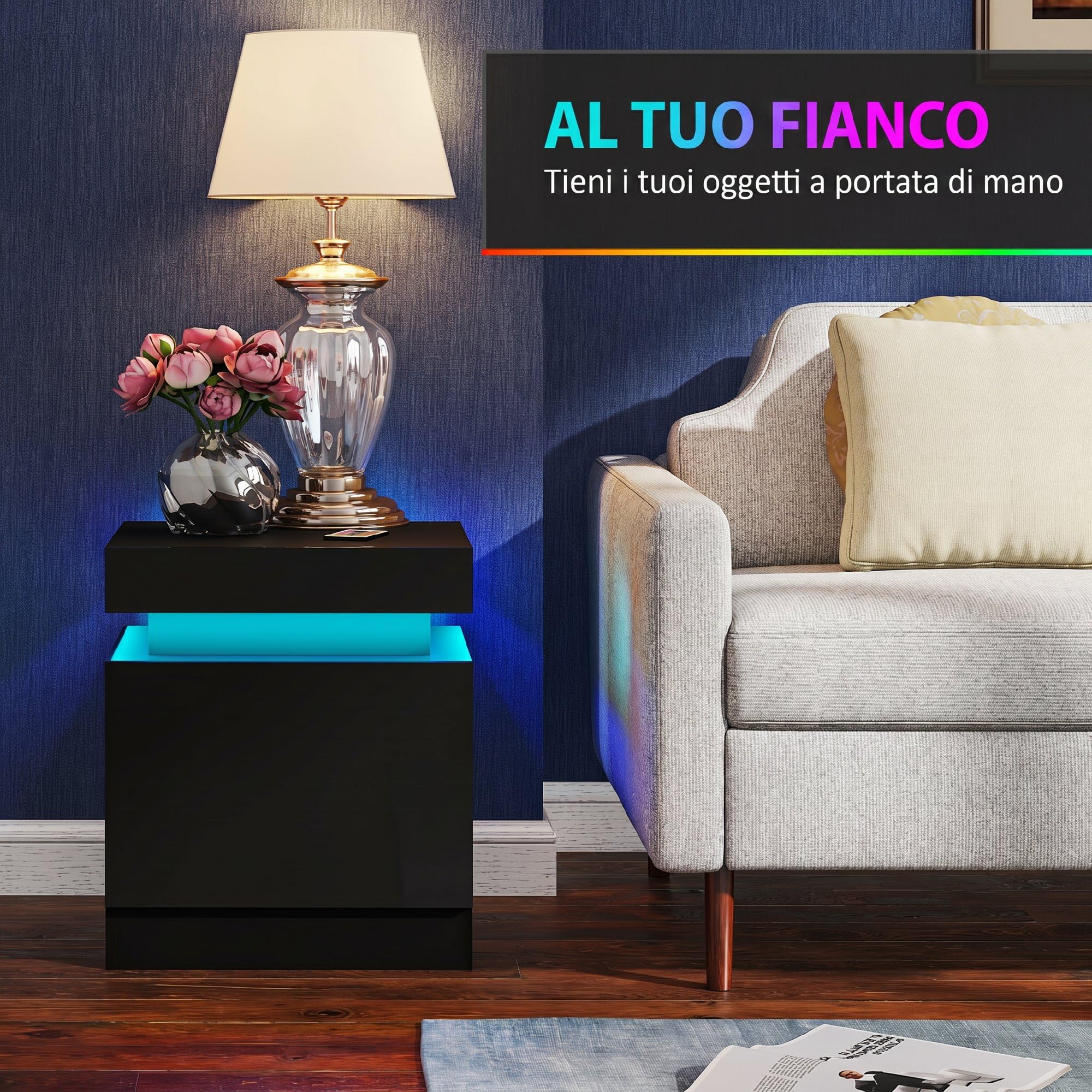 HOMCOM Set di 2 Comodini Camera da Letto con LED 45x35x52 cm Nero Lucido | 16 Colori, 4 Modalità, Coppia di Comodino Salvaspazio, 2 Cassetti, Tavolini per Camera da Letto