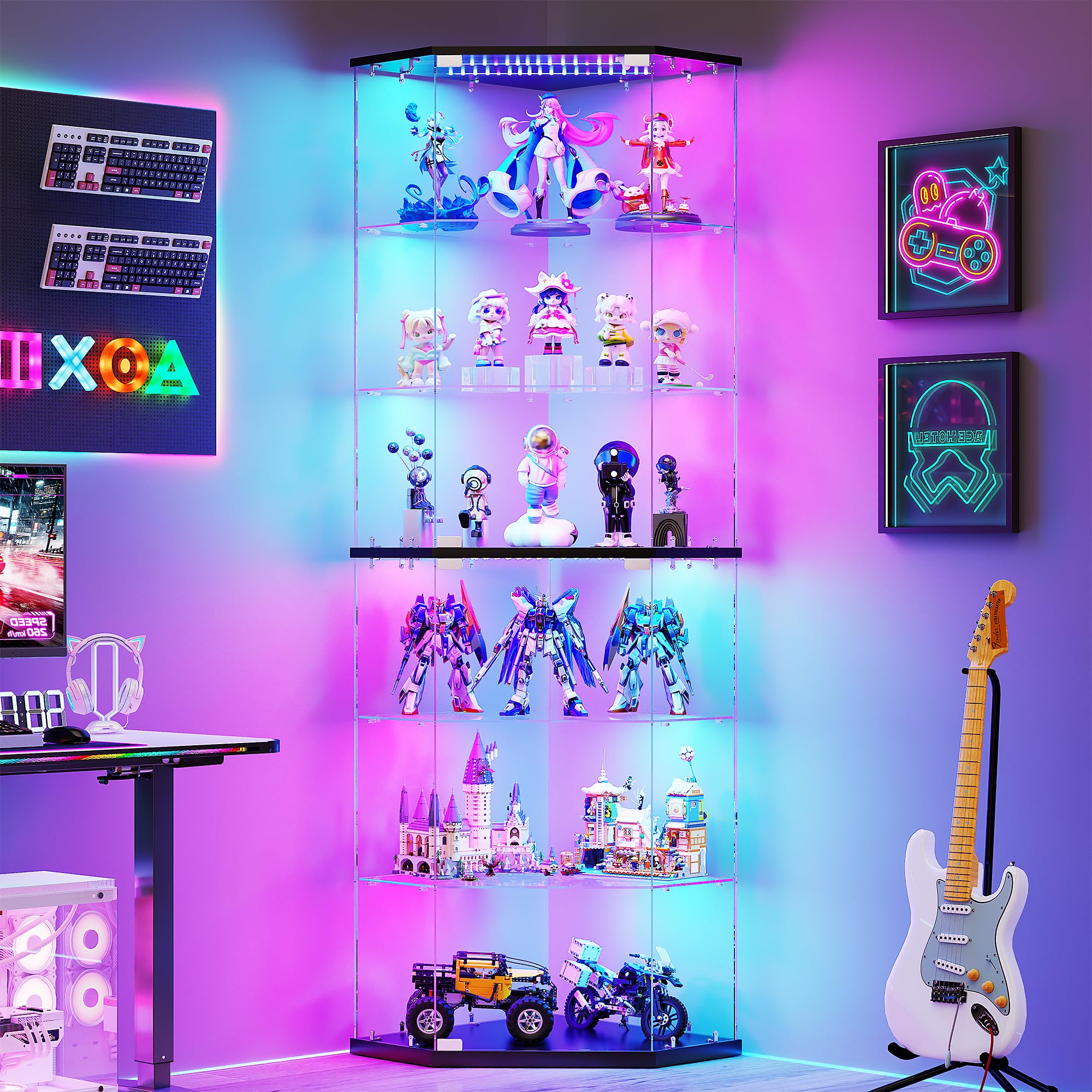 Pentagon RGB Corner Glass Display Cabinet with Body Sensor for Toys,Black