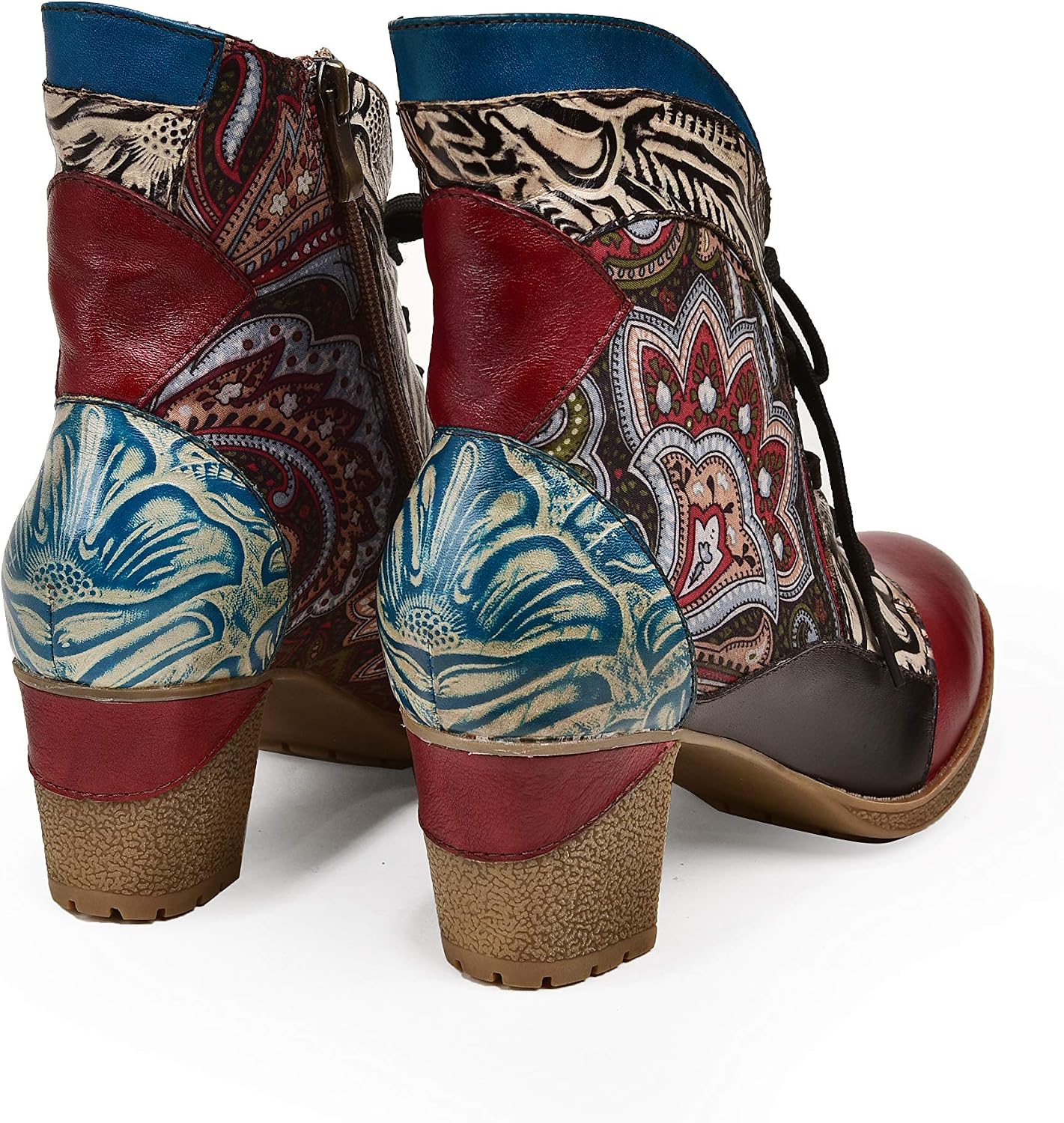 CrazycatZ Womens Ankle Boots Leather High Heel Splicing Floral Pattern Lace Up