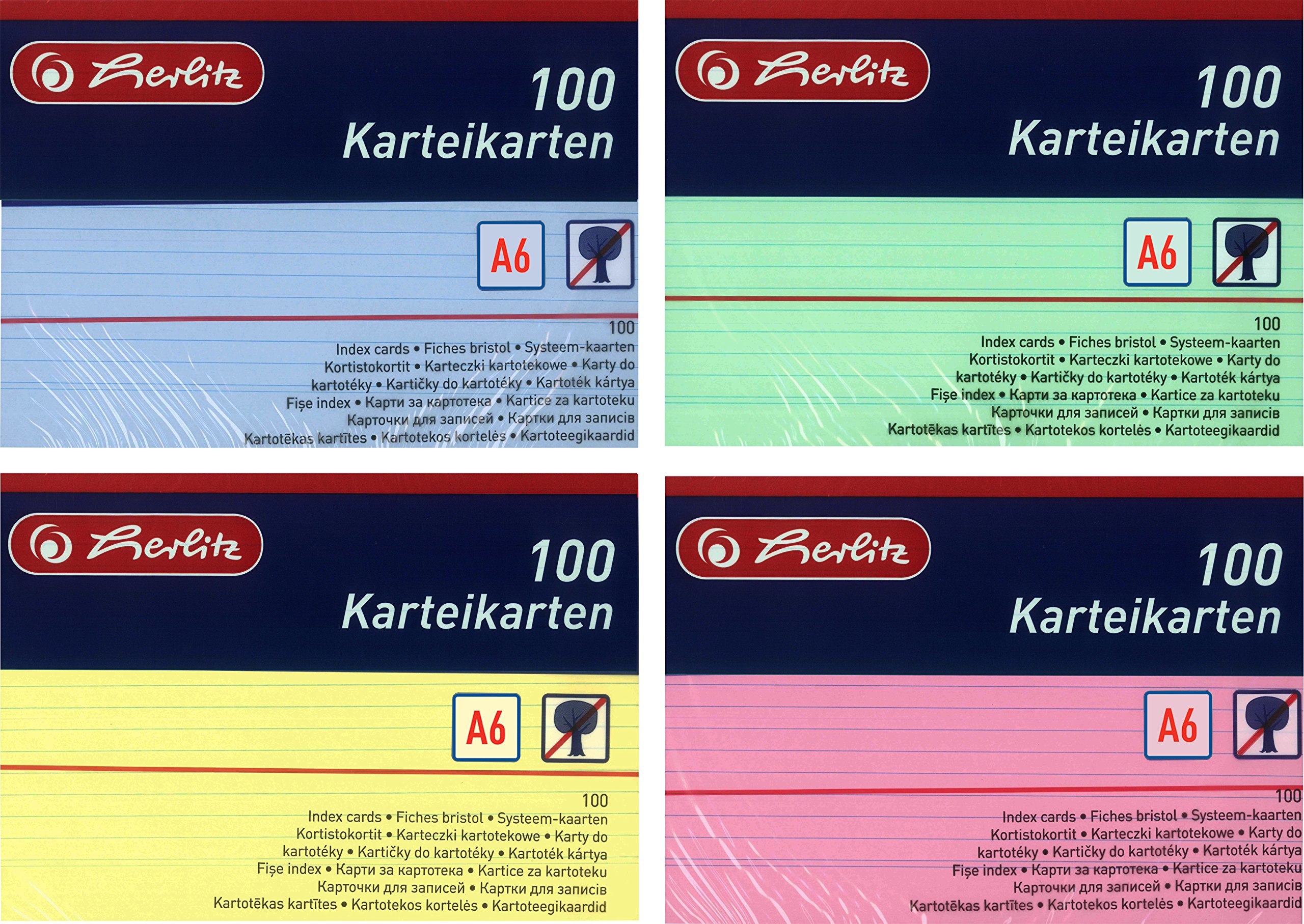 Herlitz Karteikarten A6, Liniert (1200 Stück, Farbig Sortiert in Grün, Gelb, Rot & Blau)