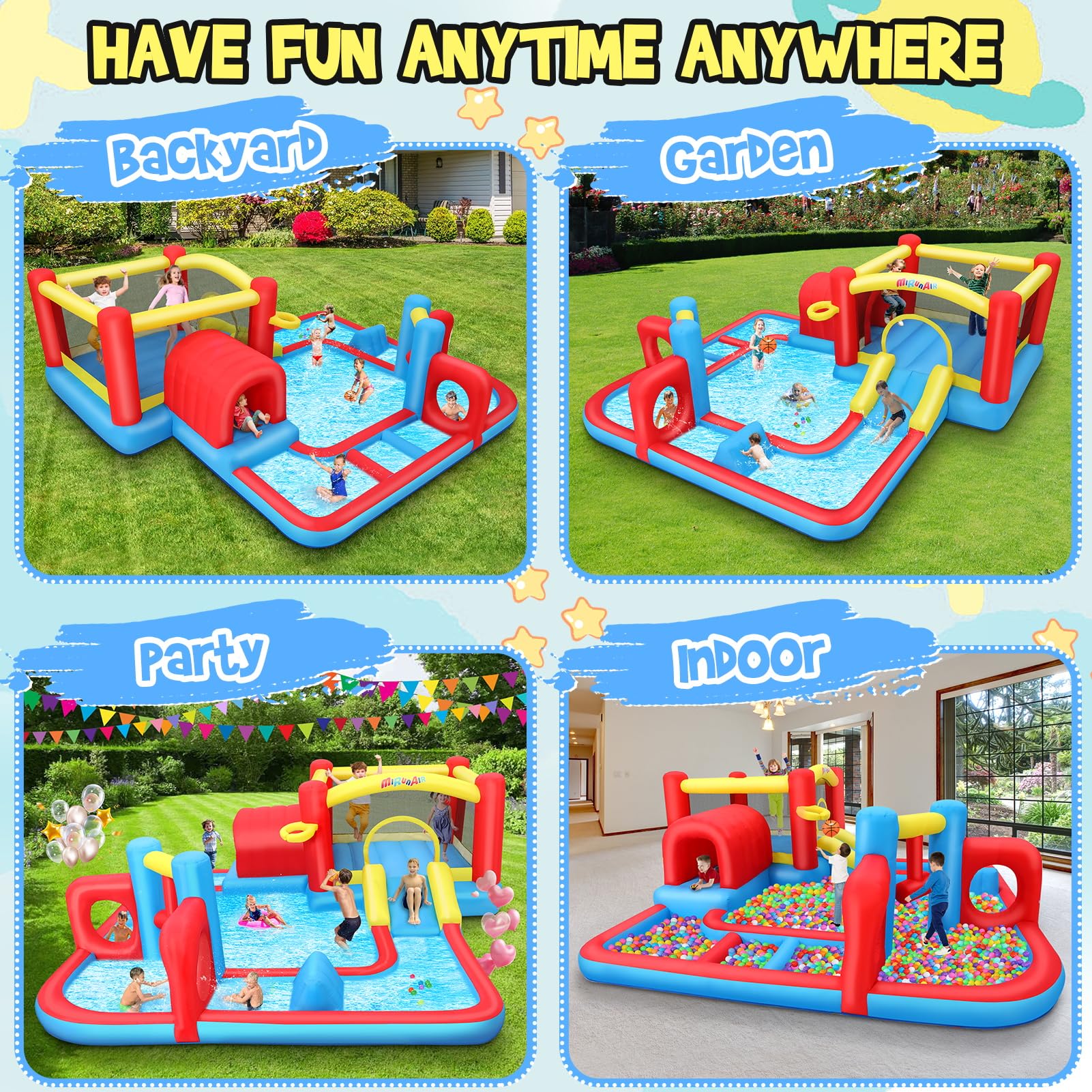 Whubefy - Campo de obstáculos inflable para casa de rebote para niños, patio trasero, parque acuático con piscina grande de 15 x 15 pies, martillo para riego, túnel de juego, anillo doble y desafío de