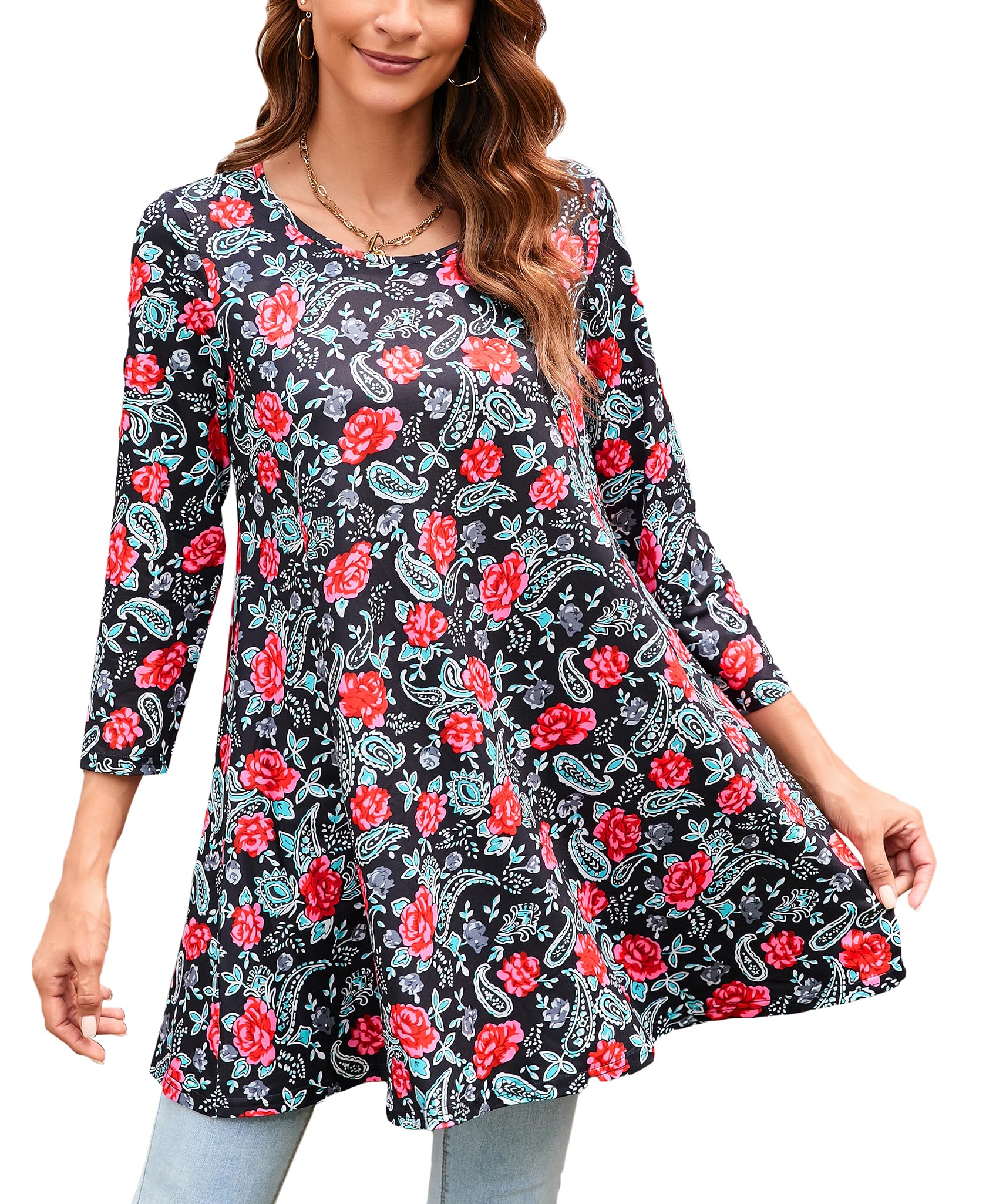 ENMAIN Women's Tunic Top 3/4 Sleeve Plus Size Tunic Tops to Wear with Leggings Ladies Casual Swing Dressy Blouses