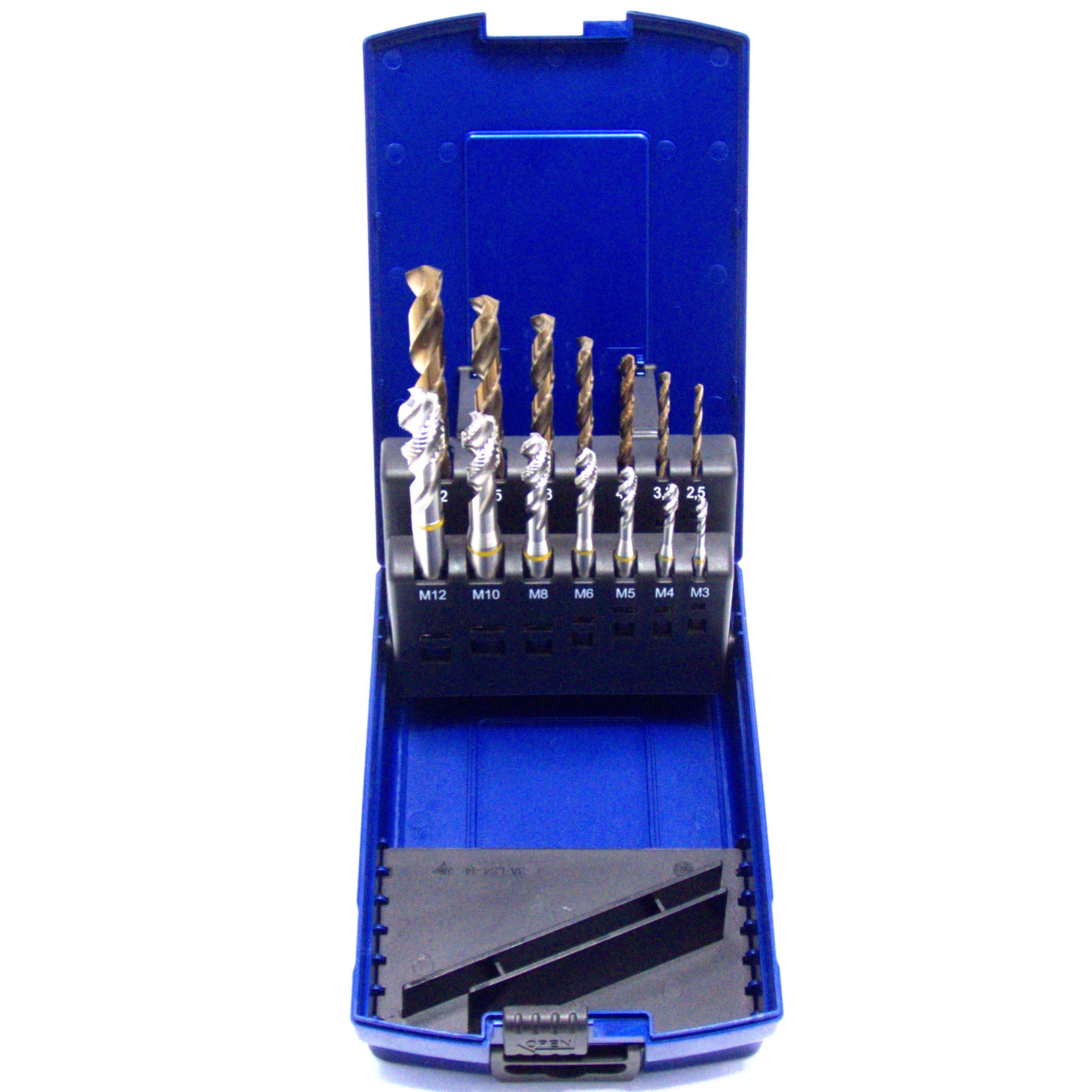 Lot de 14 tarauds pour machine M3 - M12 HSSE-Co5 DIN 371 - Trou borgné 39° RSP - Avec carottier HSSE-Co5