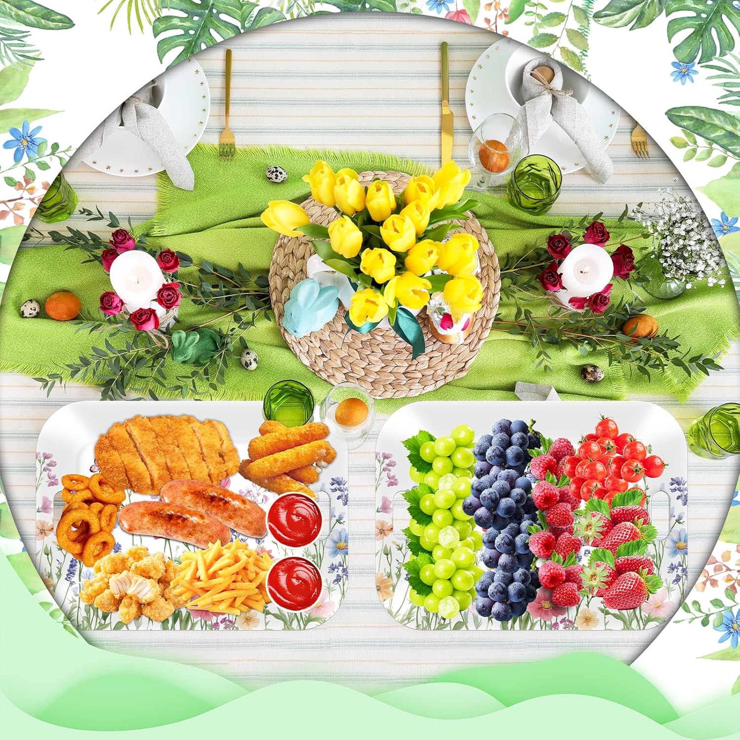 gisgfim 2PCS Spring Wild Flower Serving Trays 16.1 X 11.1 Inch Large Melamine Wildflower Trays Platters with Handles Watercolor Floral Butterfly Food Trays for Snacks Summer Birthday Party Decorations