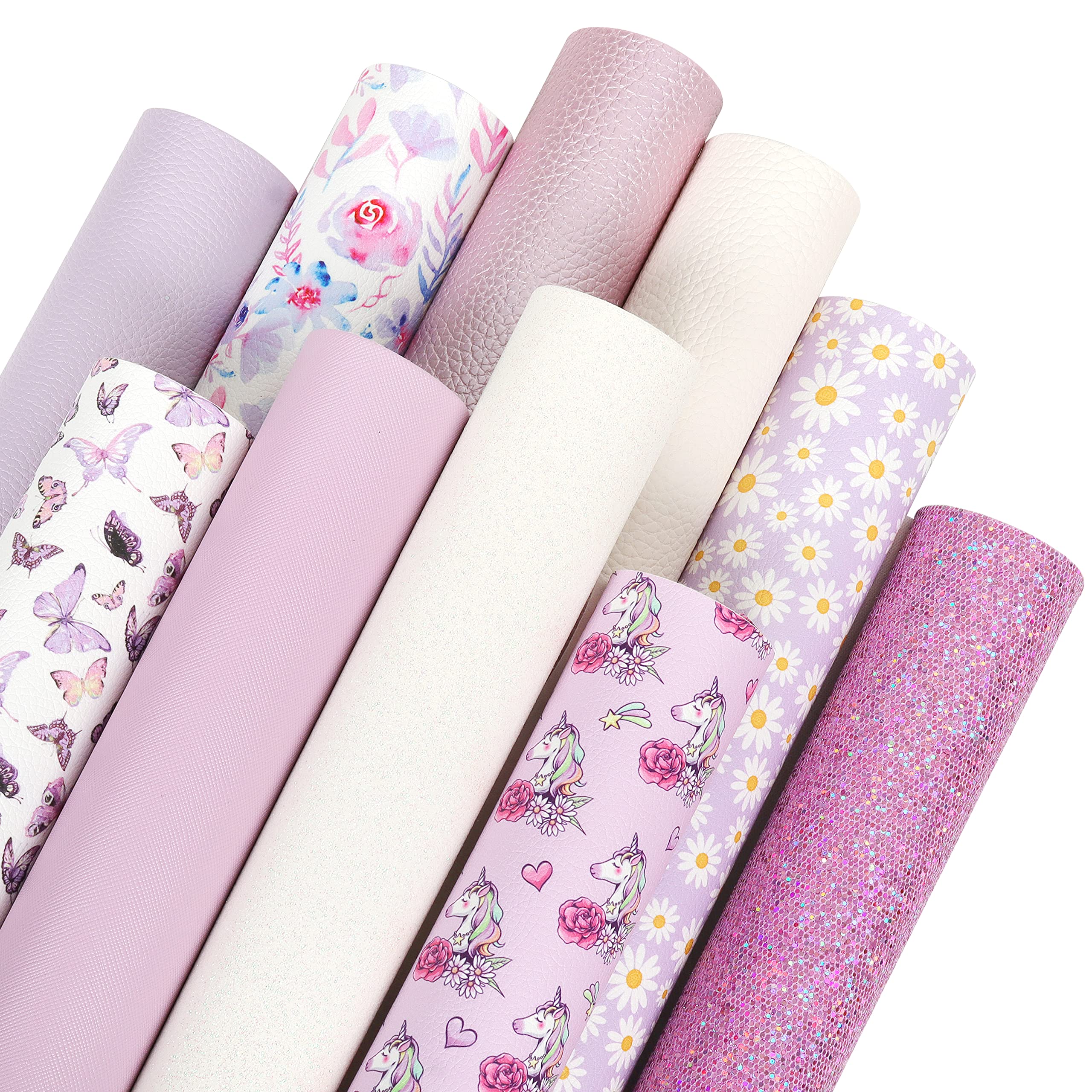 Purple Faux Leather Sheets: 10pcs 8x12 Inch Mixed White Solid Color Dreamy Floral Pattern Glitter Leatherette Assorted A4 Bundle for Bows Earrings DIY Crafts