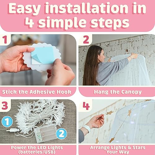 Miniatura 5 de Bollepo Toldo de cama de arcoíris y LED para niñas con estrellas brillantes – Decoración de habitación de red de cuna de princesa | Cortinas de cama