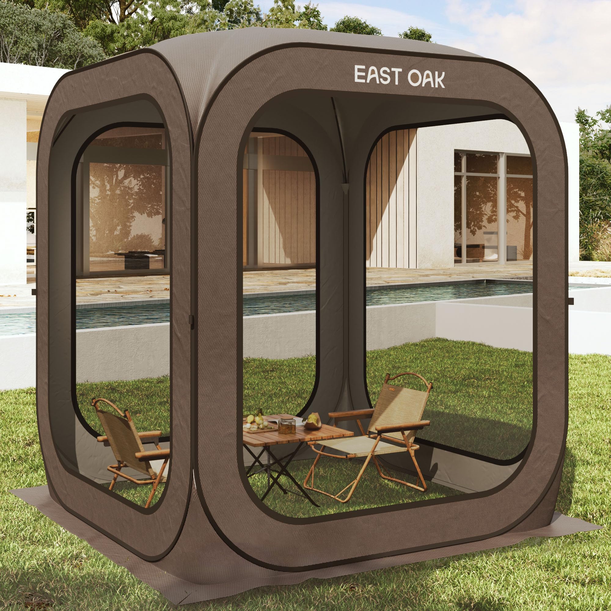 EAST OAK Screen House Tent Pop-Up, Portable Screen Room Canopy Instant Screen Tent 6 x 6 FT with Carry Bag for Patio, Backyard, Deck & Outdoor Activities, Brown