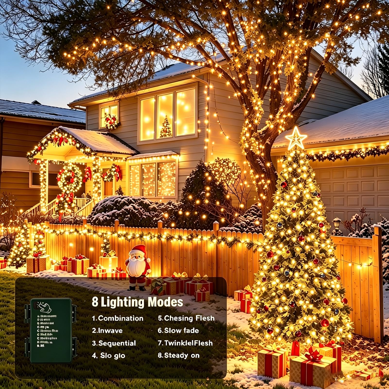 Lot de 4 guirlandes lumineuses de Noël de 40 m à piles pour intérieur/extérieur, minuterie et 8 modes avec fil vert, guirlande lumineuse étanche pour sapin de Noël, jardin (blanc chaud)