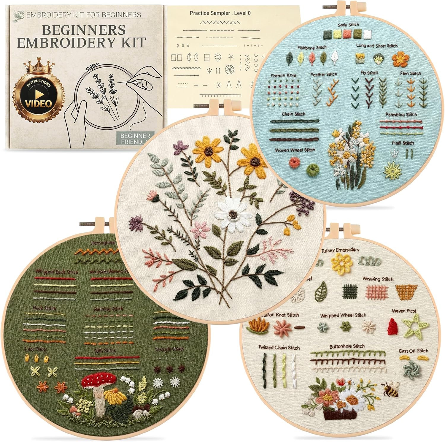 ZenHues Embroidery Kit for Beginners Adults with Level 0 Practice Sampler, 5 Pre-Printed Patterns & Video Tutorials with 7.8" Hoop, Learn 30+ Stitches, DIY Needlework Craft Gift for Women