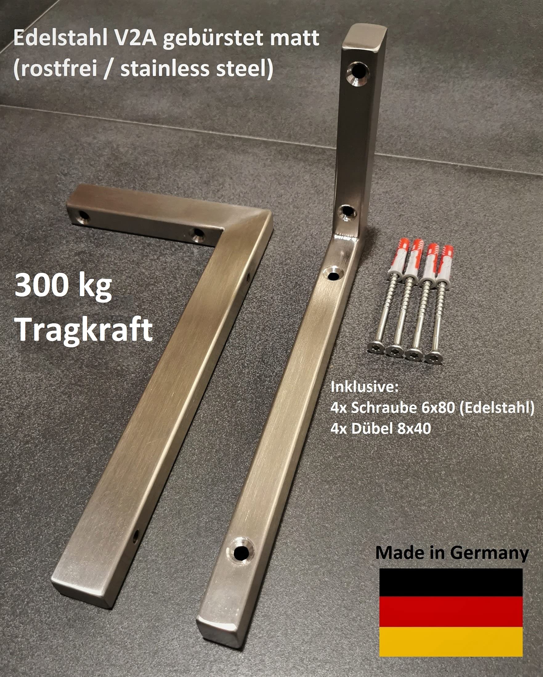 2er Set V2A Wandhalterung 30cm mit Schrauben Waschtischplatte Regalträger Konsolenträger Wandkonsole Edelstahl gebürstet rostfrei 300 kg Traglast