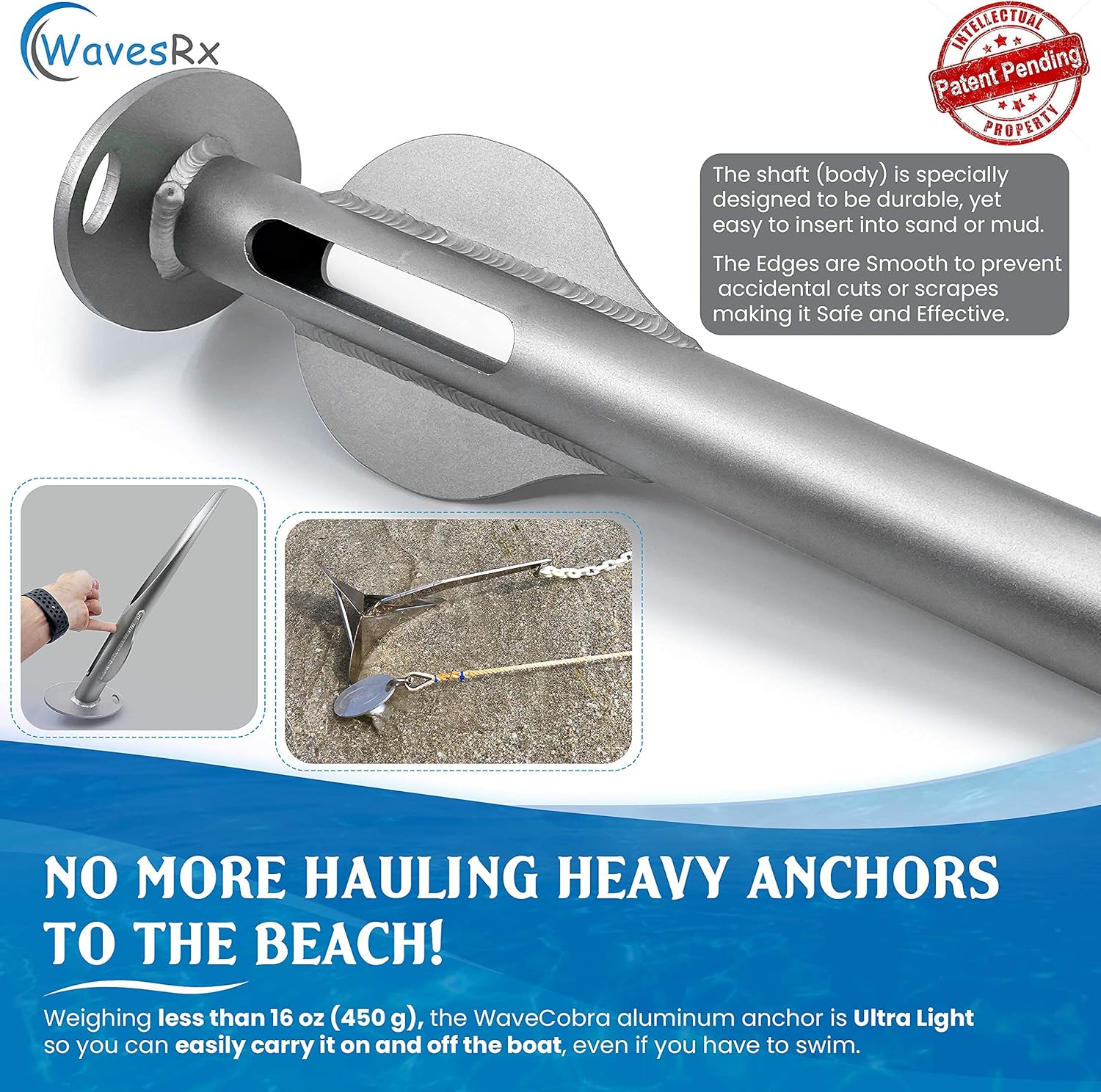 WAVESRX 18" Aluminum Sand Spike Beach Anchor - WaveCobra | Keeps Your Watercraft Securely Anchored Near Shore, Sandbar or in Shallow Water | Ultra Light Patent Pending Design for Boats, Jet Ski & PWC : Sports & Outdoors