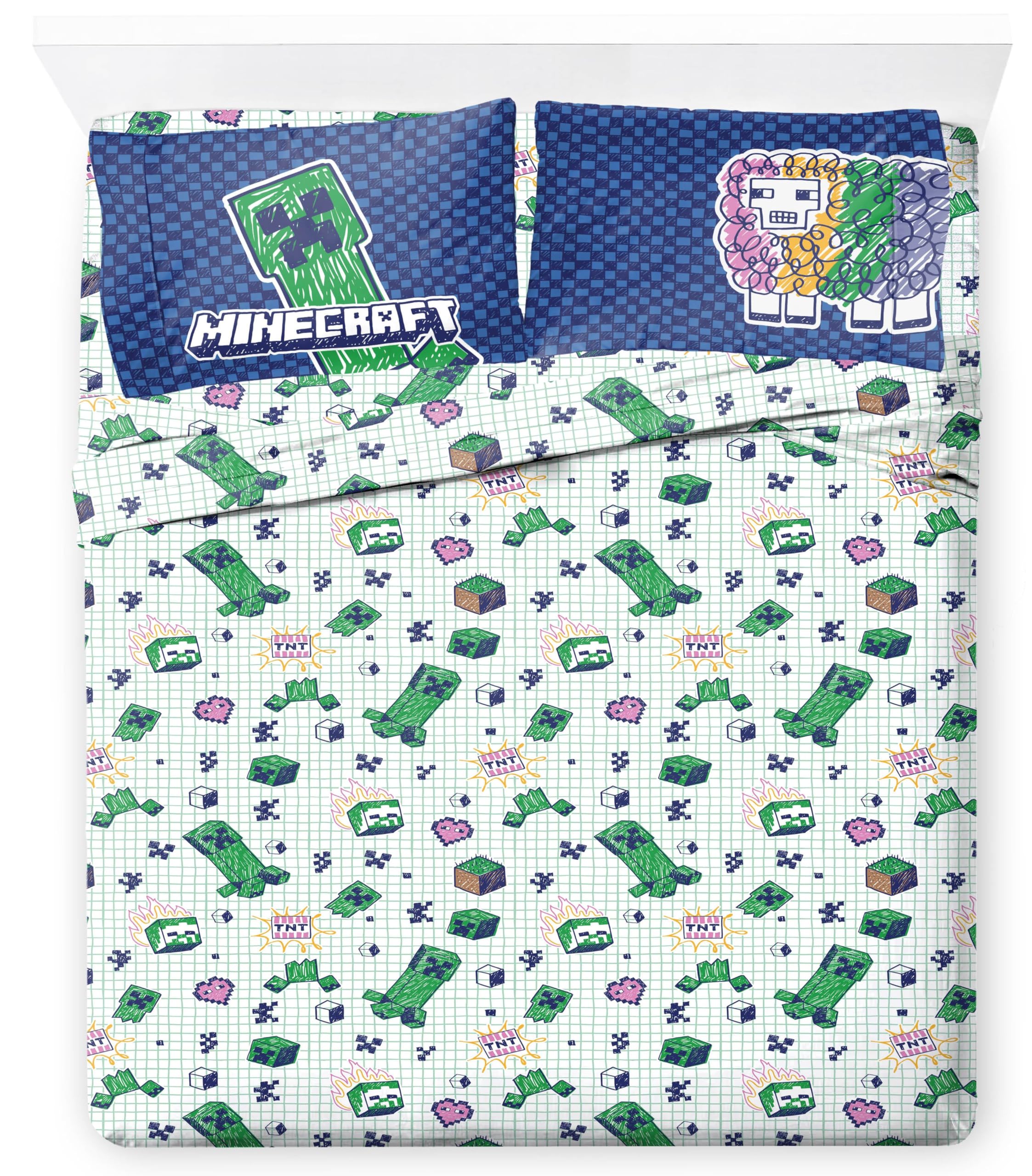 Jay Franco Kids Sheet Set with Fitted, Flat Sheets & Pillow Cover - Ultra-Soft Bedding with Pillowcase for Room Decor, Multi - Minecraft, 4 Piece Queen