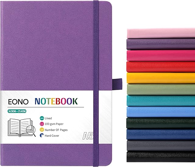 Amazon Brand - Eono Notebook - Notebook A5 with Premium Paper, Faux Leather Classic Writing A5 Notebook Journal, 5.4" X 8.3", Hardcover,Purple