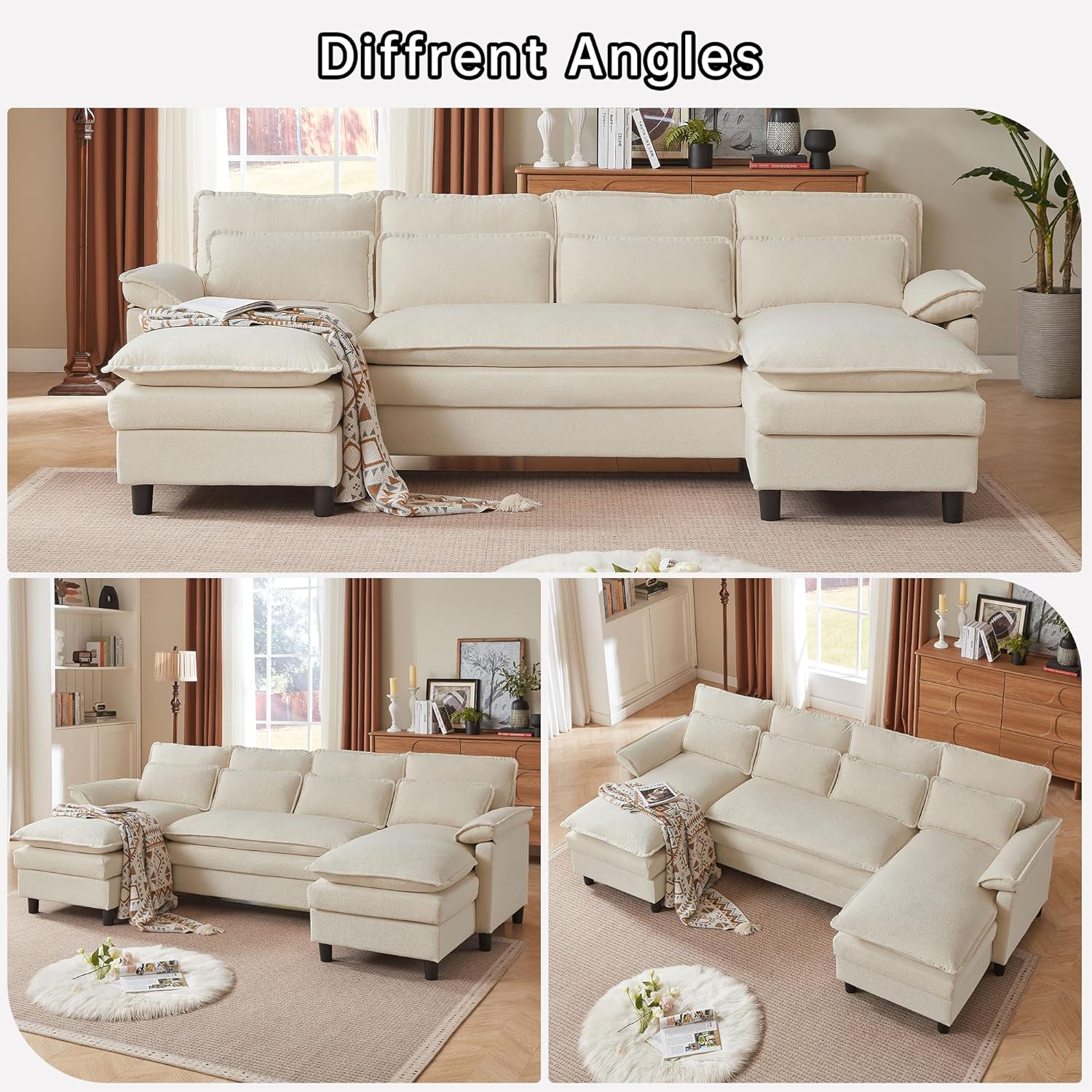 Comfy Cloud Couch Sectional Sofa with Lumbar Pillows, 105" Modern U-Shaped Cloud Sofa with Double Chaise & Deep Seat, Sectional Couches for Living Room, Office, Easy Assembly, Beige
