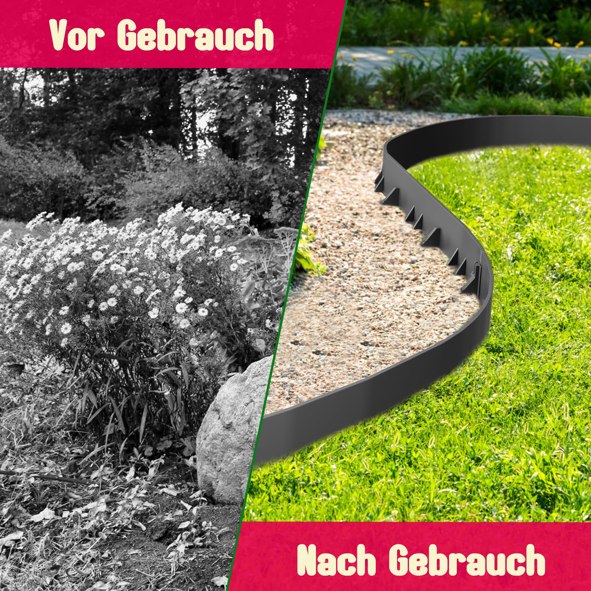 XMTECH Borde flexible para césped de plástico, 12 m, altura 78 mm, con 50 piquetas de fijación, borde de arriate de flores, color negro