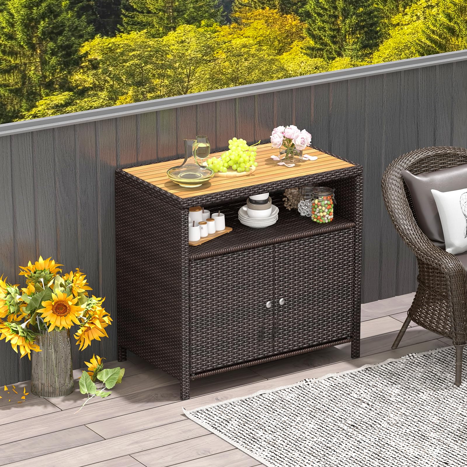 COSTWAY Armario Baja Exterior de Ratán, Armario terraza con Compartimento Abierto y Gabinete Cerrado, Aparador de Mimbre de 2 Puertas Terraza Jardin Exterior, 90 x 53 x 86 cm (marrón)